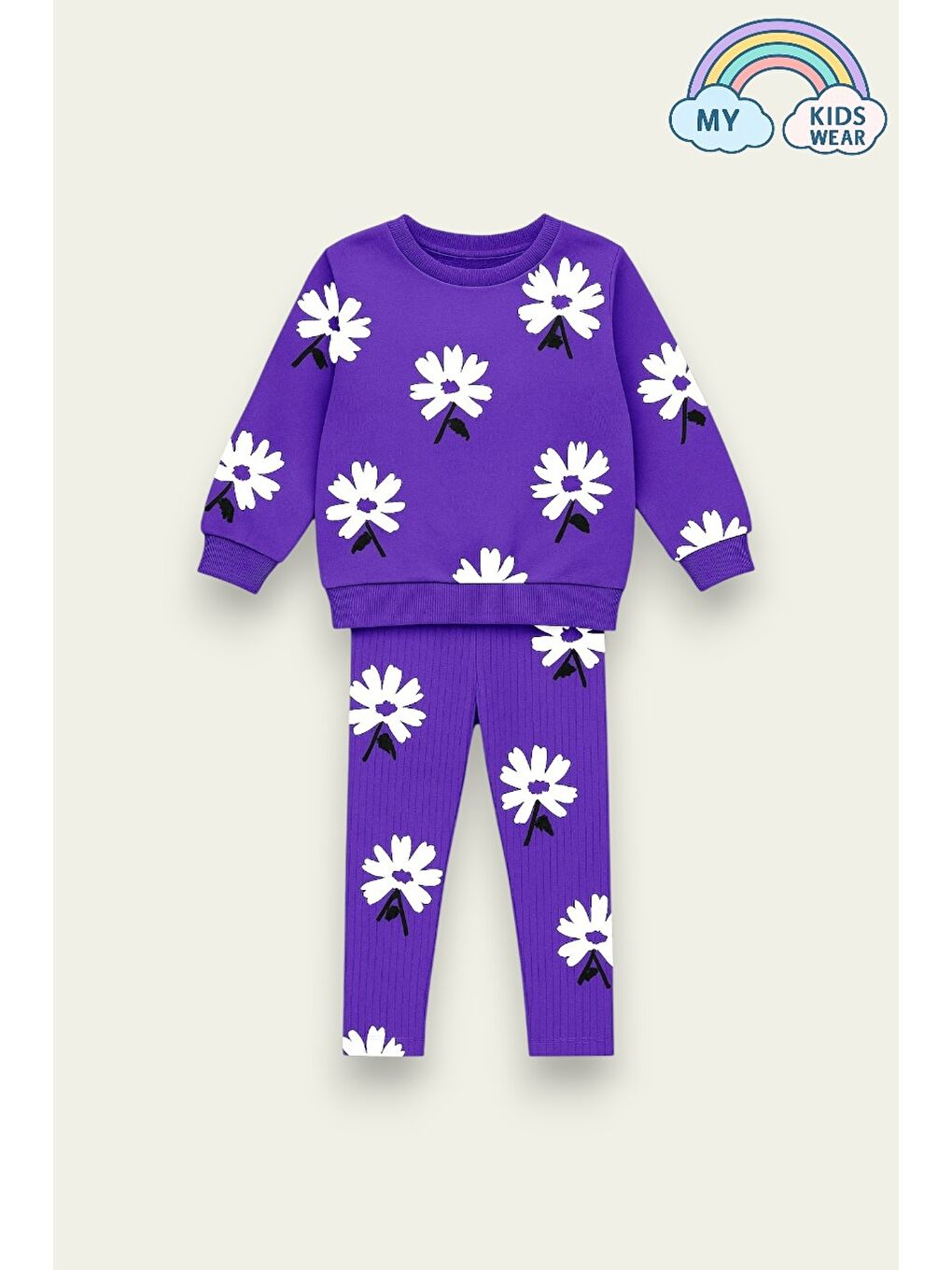 Mor Kız Çocuk Desenli İkili Takım (Sweatshirt + Tayt) 2-8 Yaş 12074