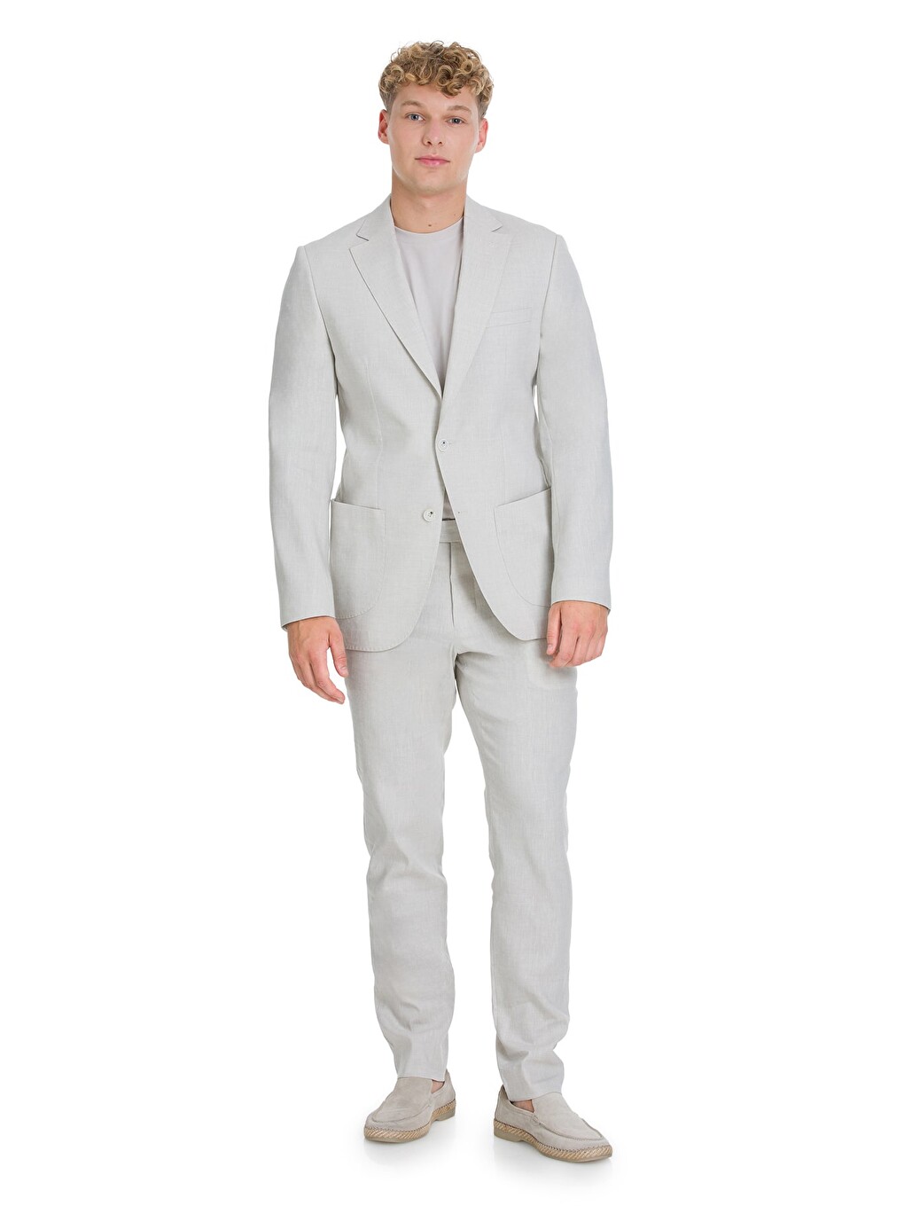 Bej Slim Fit Mono Yaka Keten Takım Elbise
