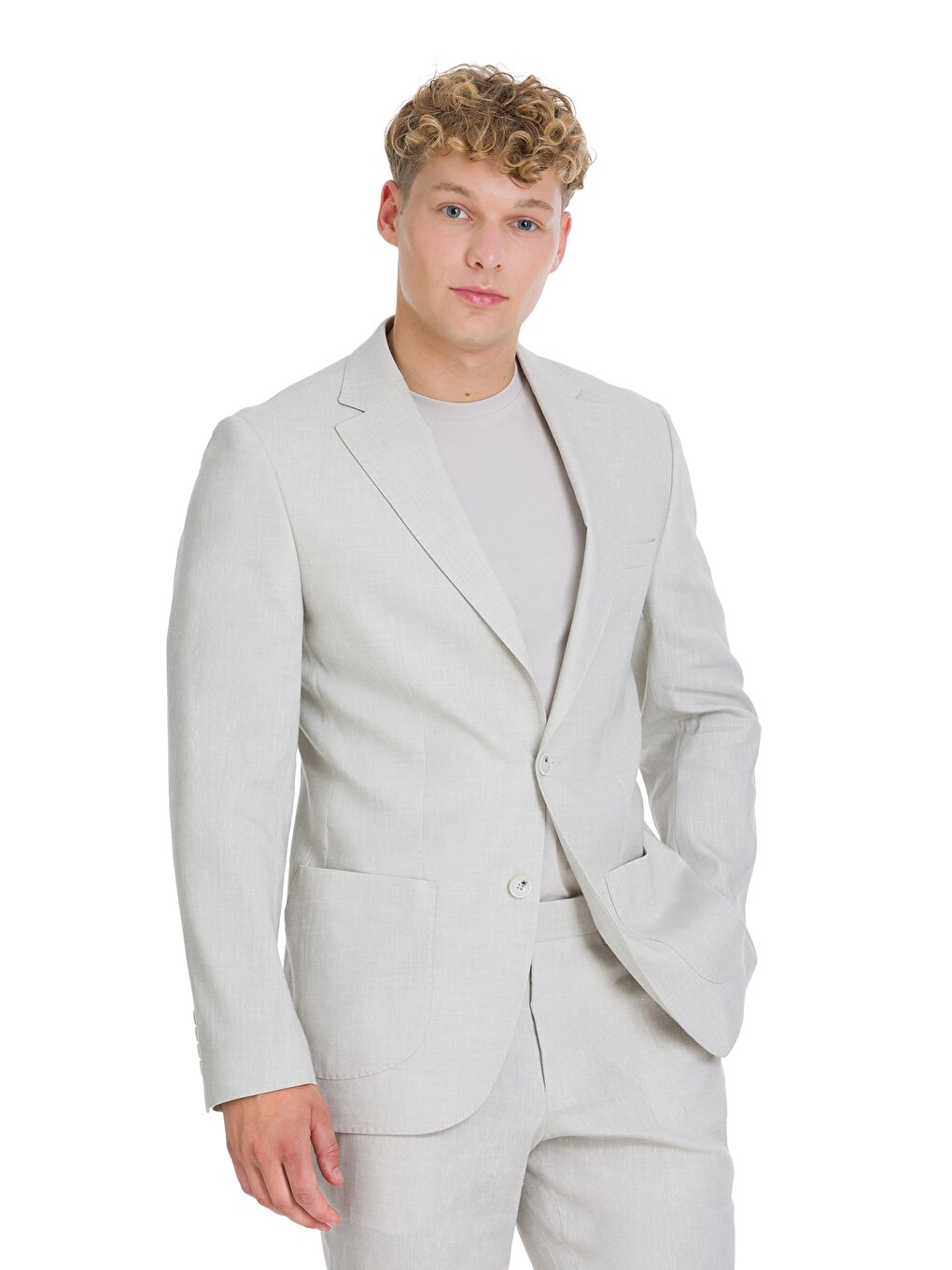 Bej Slim Fit Mono Yaka Keten Takım Elbise-1