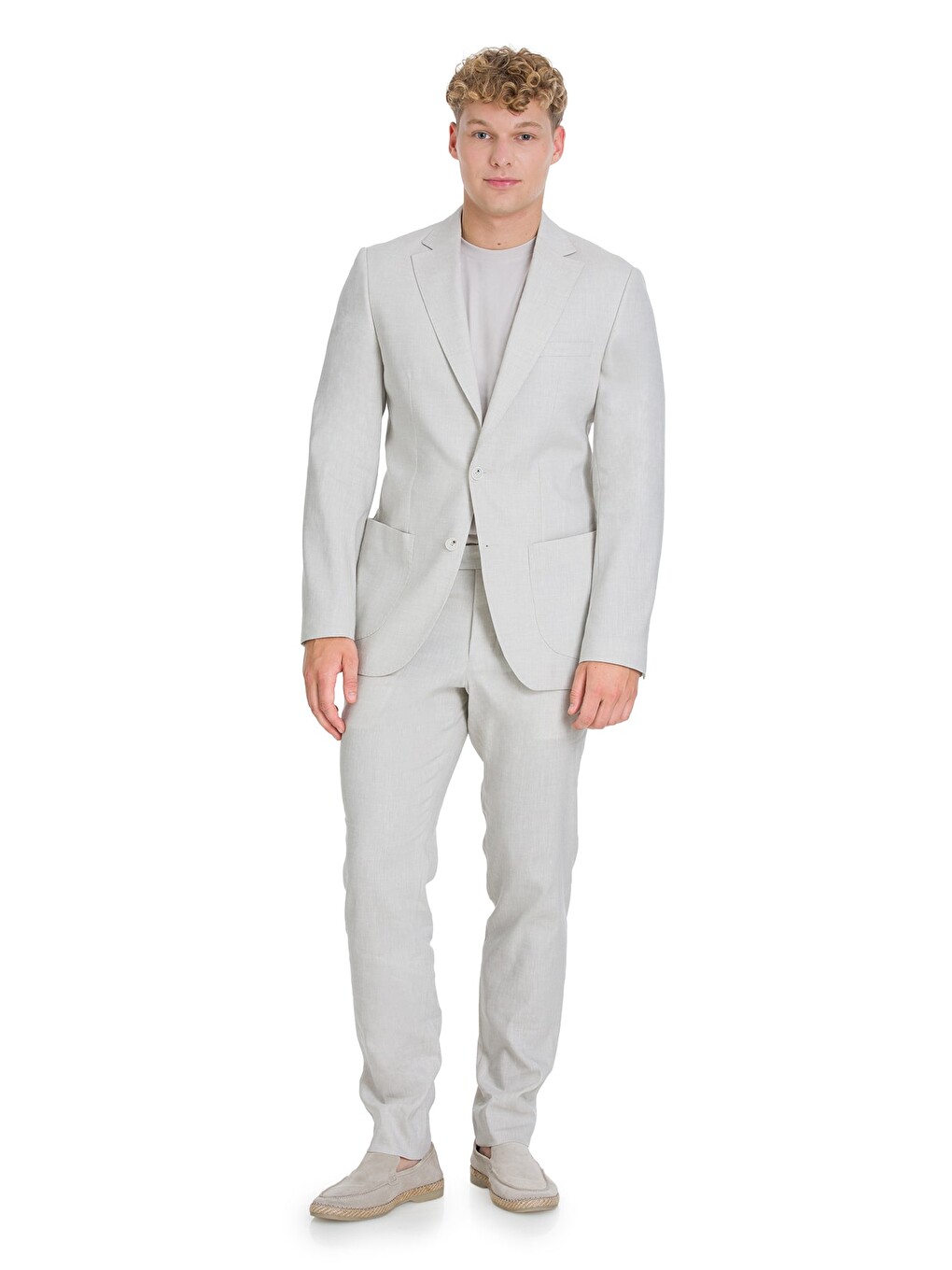 Bej Slim Fit Mono Yaka Keten Takım Elbise-2