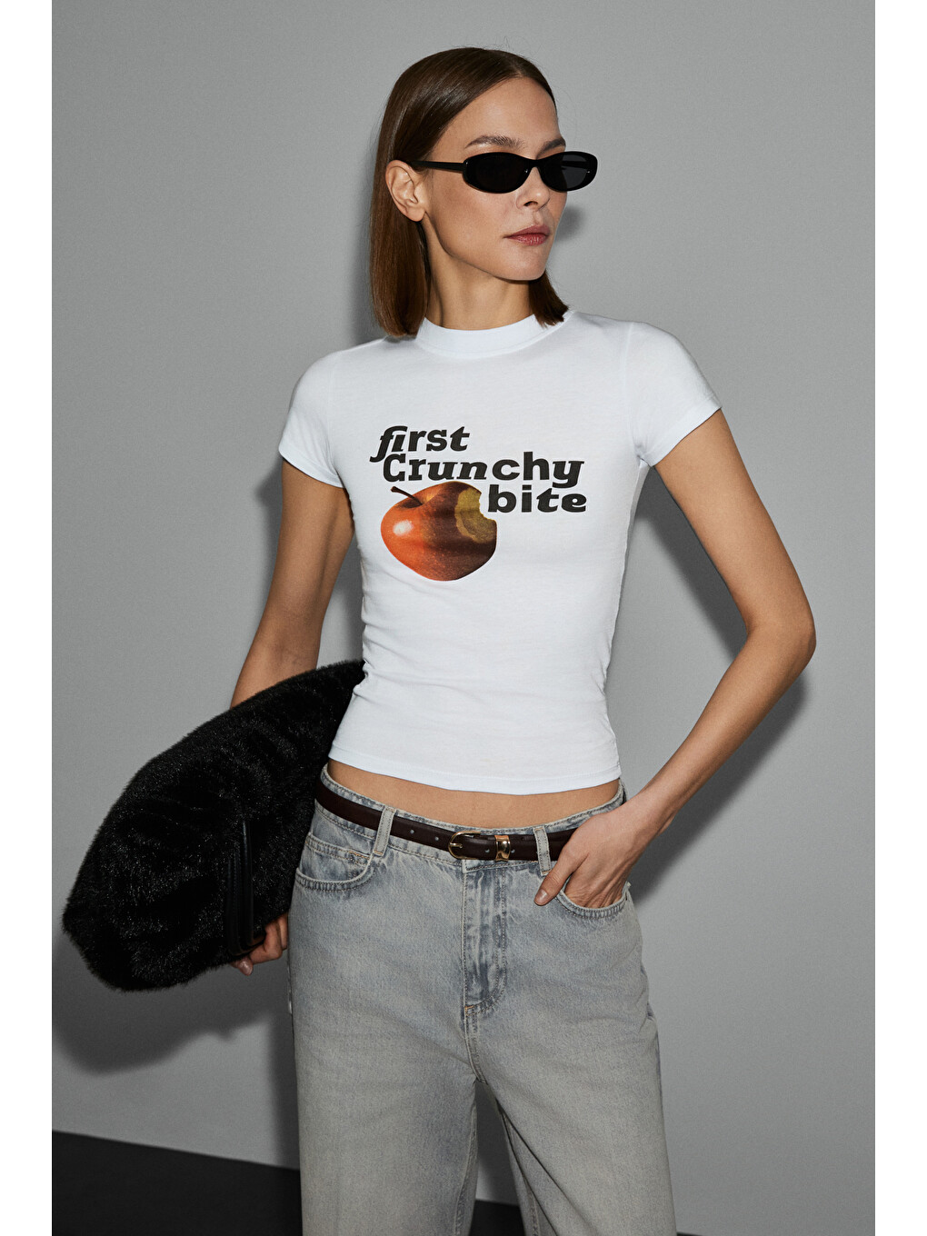 Beyaz LUMIVYA Kadın Organik Pamuklu Bisiklet Yaka Kısa Kollu Baskılı Slim Fit BEYAZ T-Shirt-2
