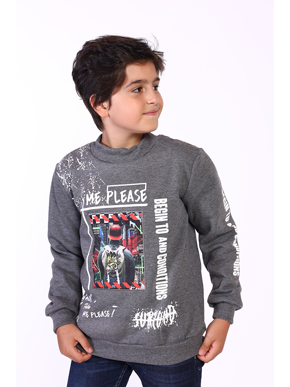 Antrasit Erkek Çocuk Balıkçı Yaka İçi Pamuklu Sweatshirt