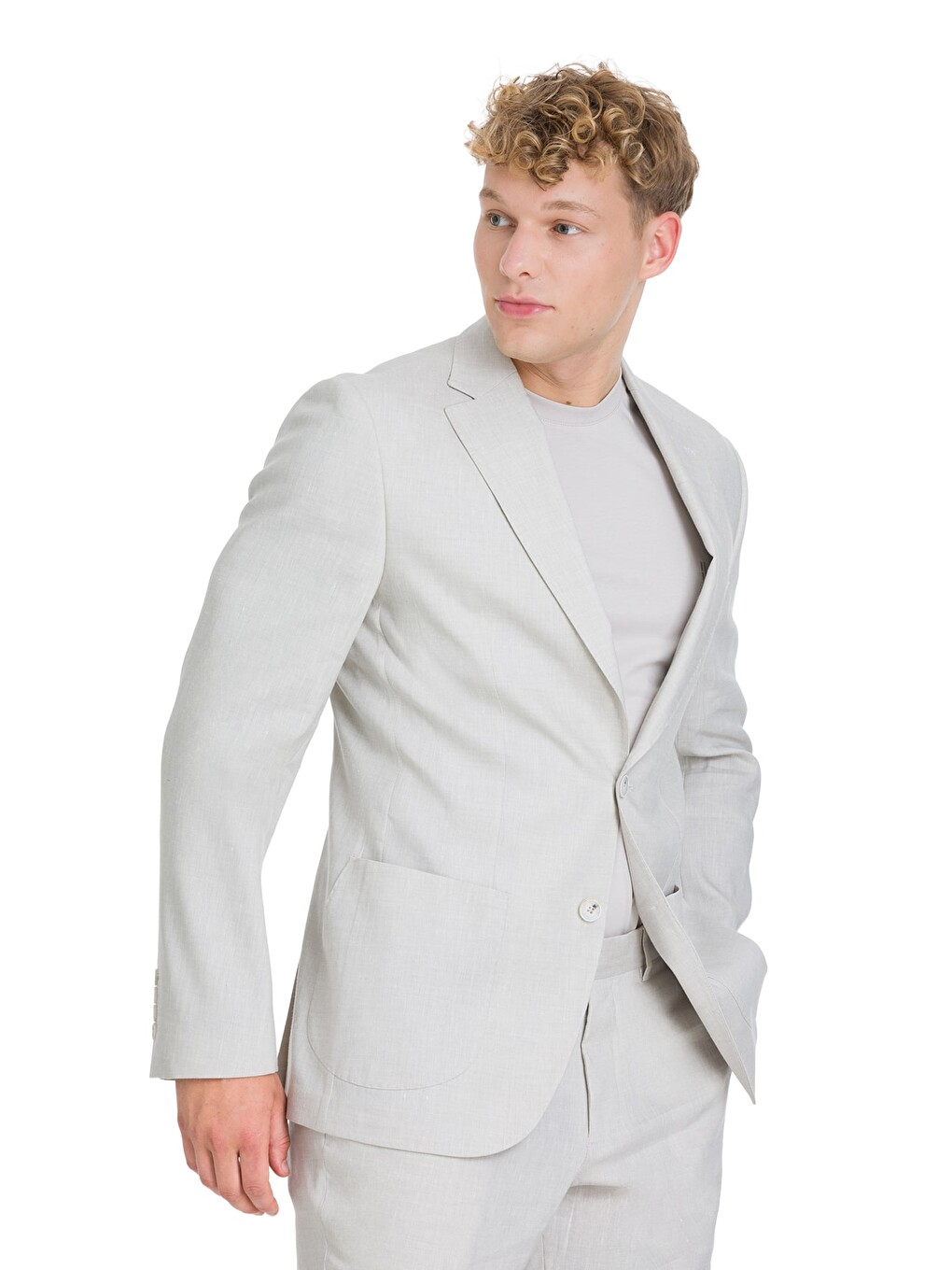 Bej Slim Fit Mono Yaka Keten Takım Elbise-3