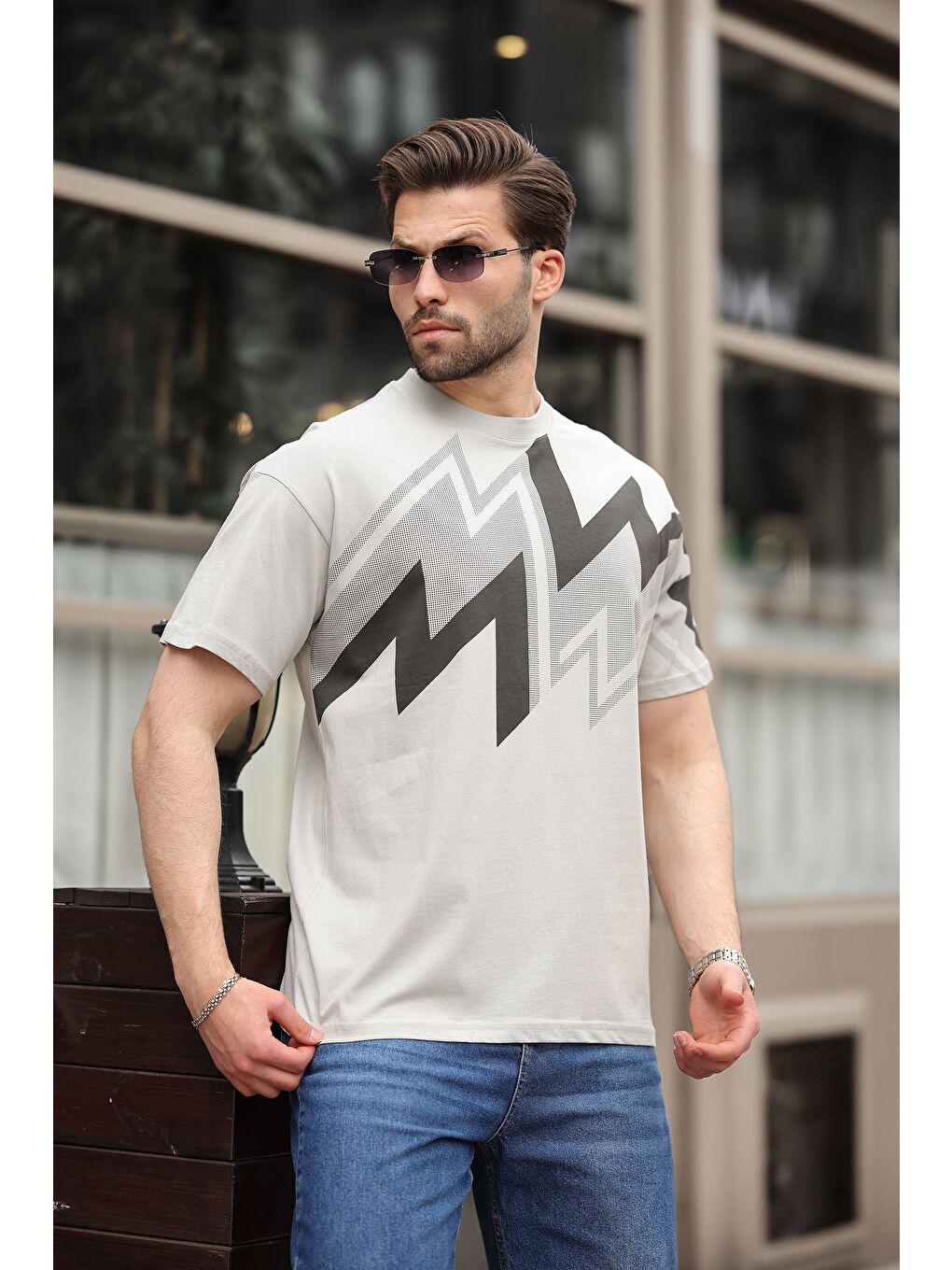 Boyalı Gri Baskılı %100 Pamuk Erkek T-Shirt-1