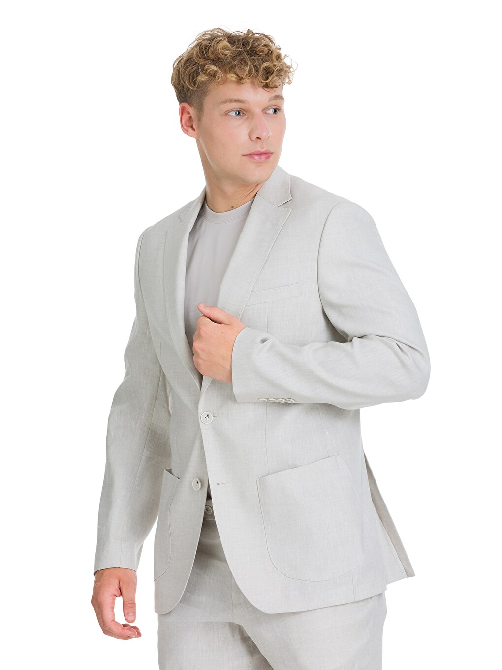 Bej Slim Fit Mono Yaka Keten Takım Elbise-4