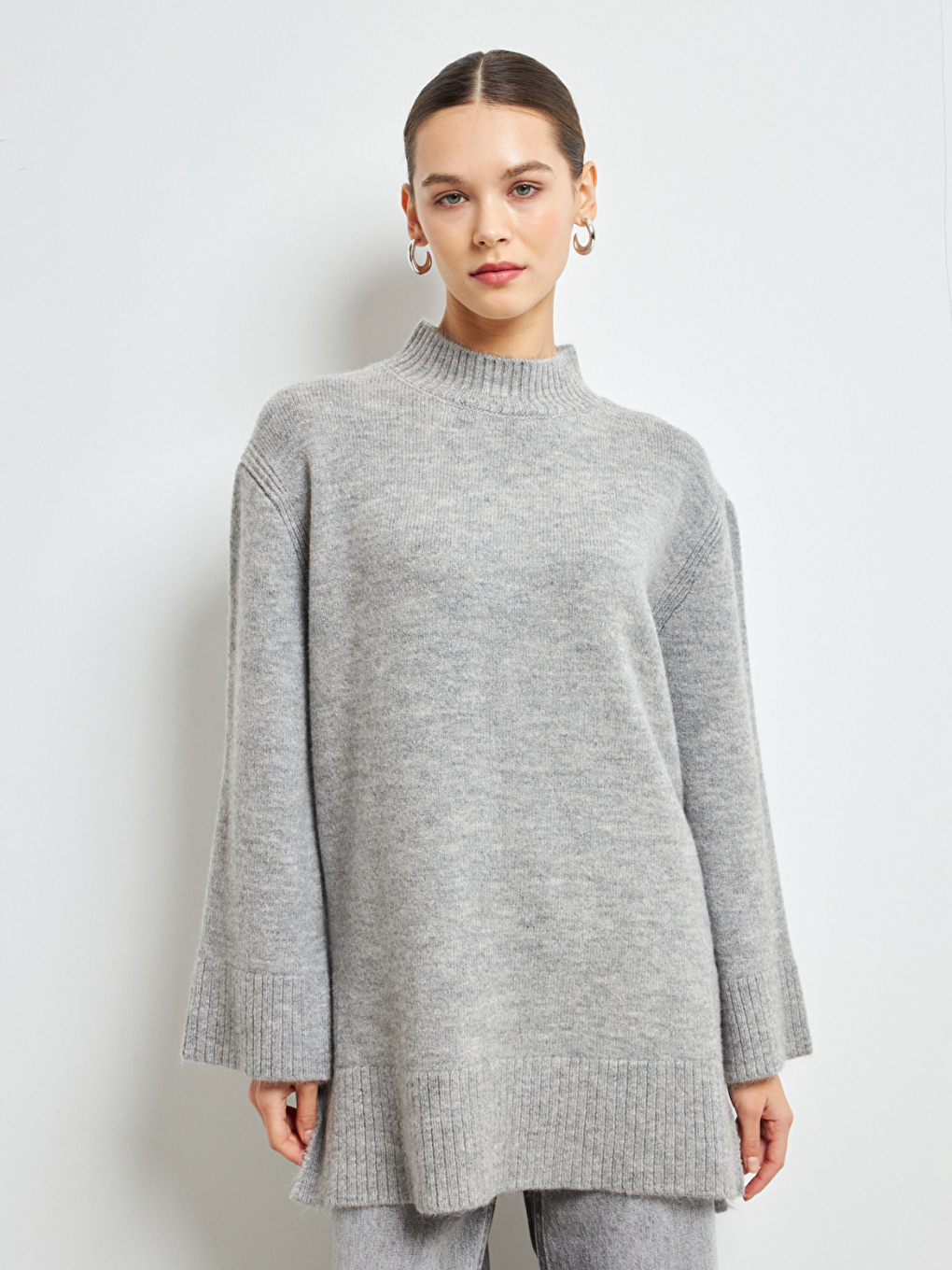 Kadın Gri Balıkçı Yaka Yumuşak Dokulu Basic Kazak