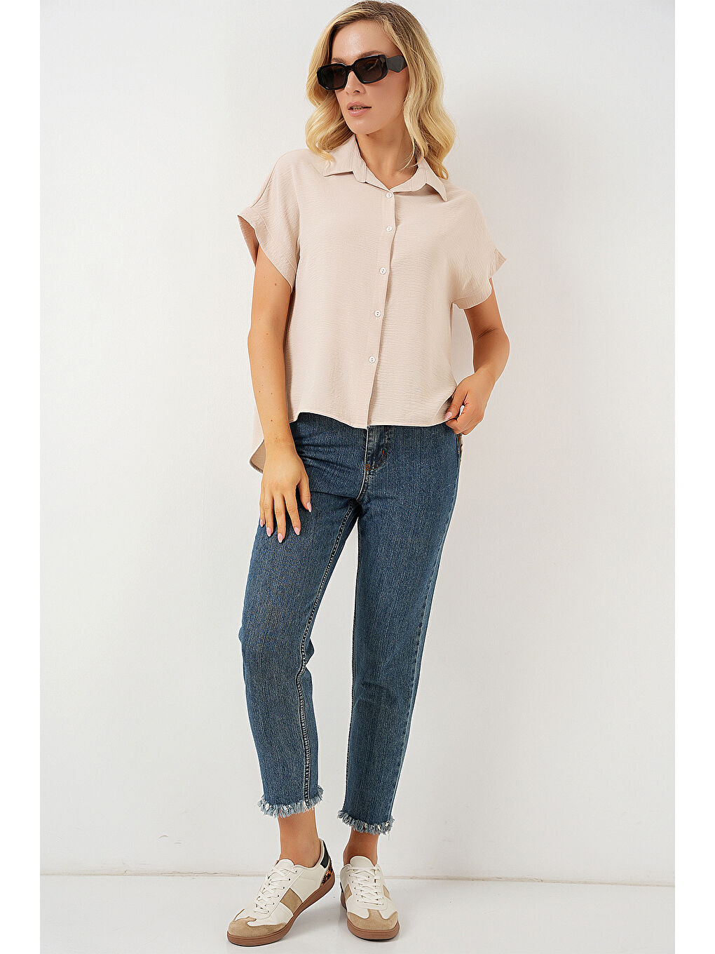 Ekru Kadın Oversize Kısa Kol Gömlek 20322 - Krem-1