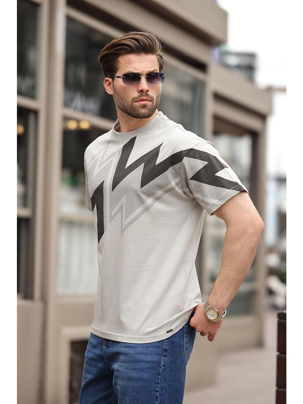 Boyalı Gri Baskılı %100 Pamuk Erkek T-Shirt-2