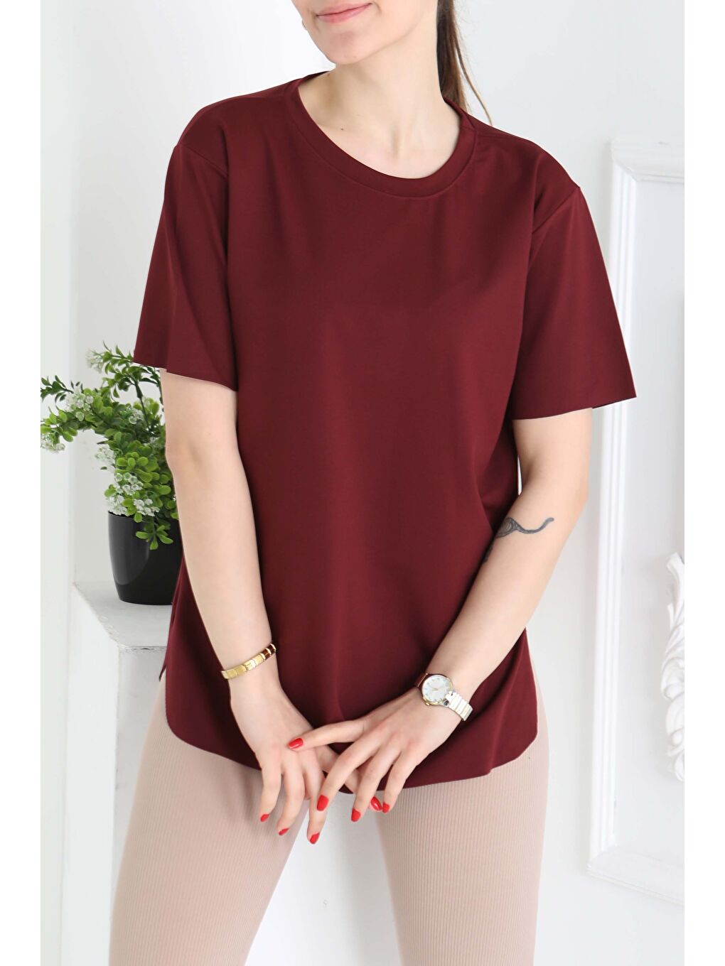 Yırtmalı Kısa Kollu T-Şhirt Bordo - 27117-1