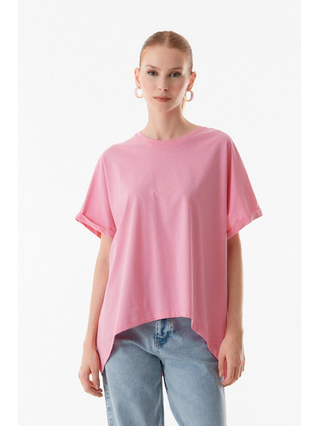 Pembe Basic Bisiklet Yaka Oversize Tişört