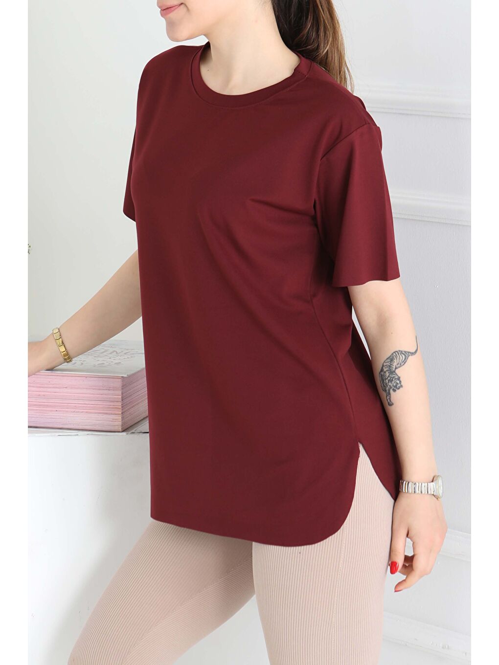 Yırtmalı Kısa Kollu T-Şhirt Bordo - 27117-3