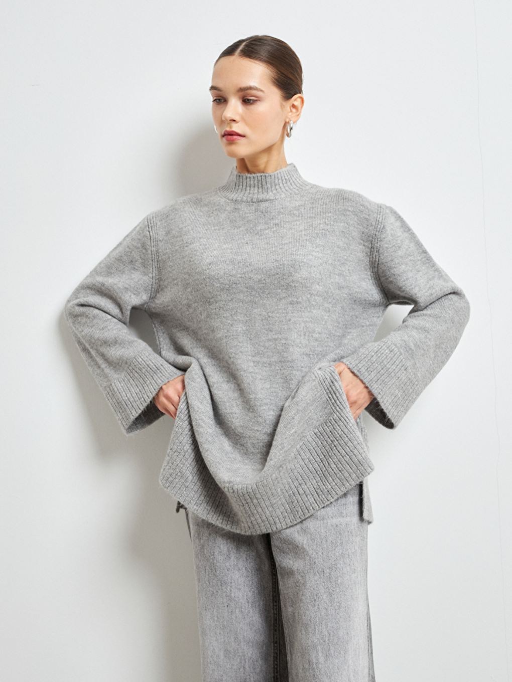 Kadın Gri Balıkçı Yaka Yumuşak Dokulu Basic Kazak-1