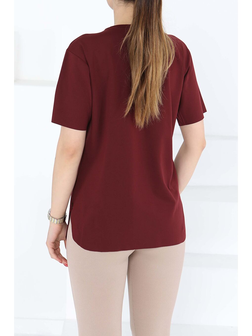 Yırtmalı Kısa Kollu T-Şhirt Bordo - 27117-4