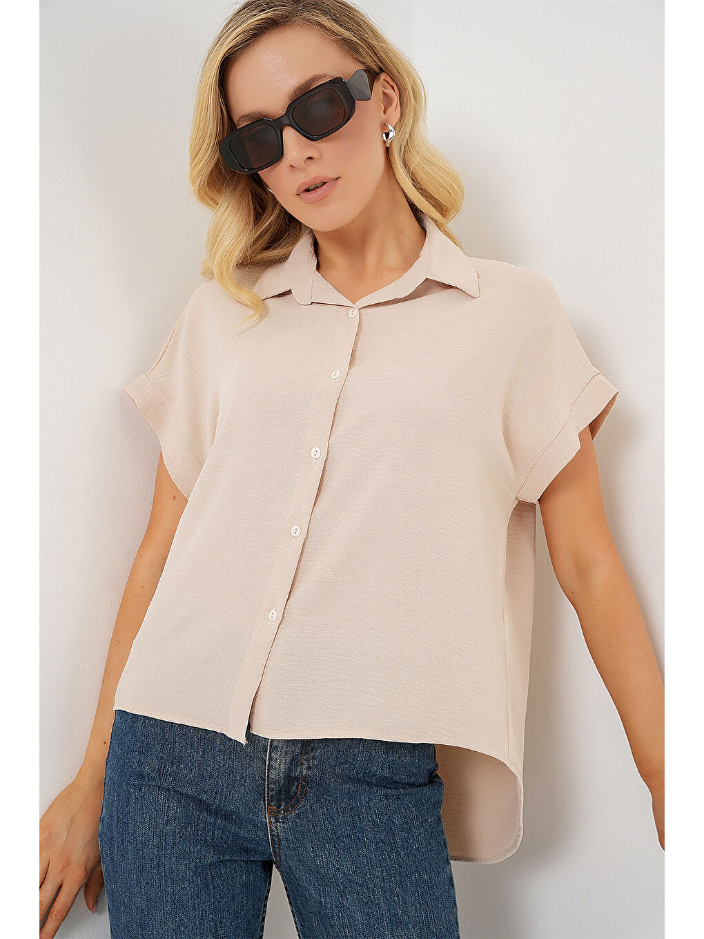 Ekru Kadın Oversize Kısa Kol Gömlek 20322 - Krem-2