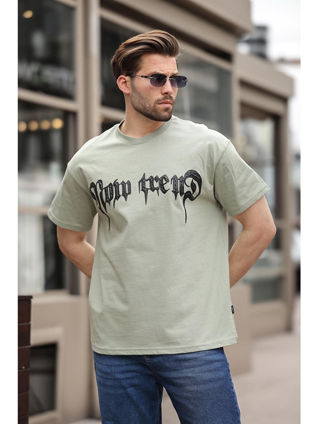 Mint Yeşili Baskılı %100 Pamuk Erkek T-Shirt E7141