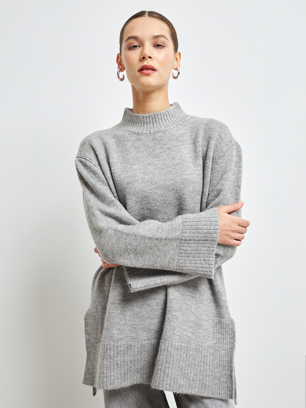 Kadın Gri Balıkçı Yaka Yumuşak Dokulu Basic Kazak-2