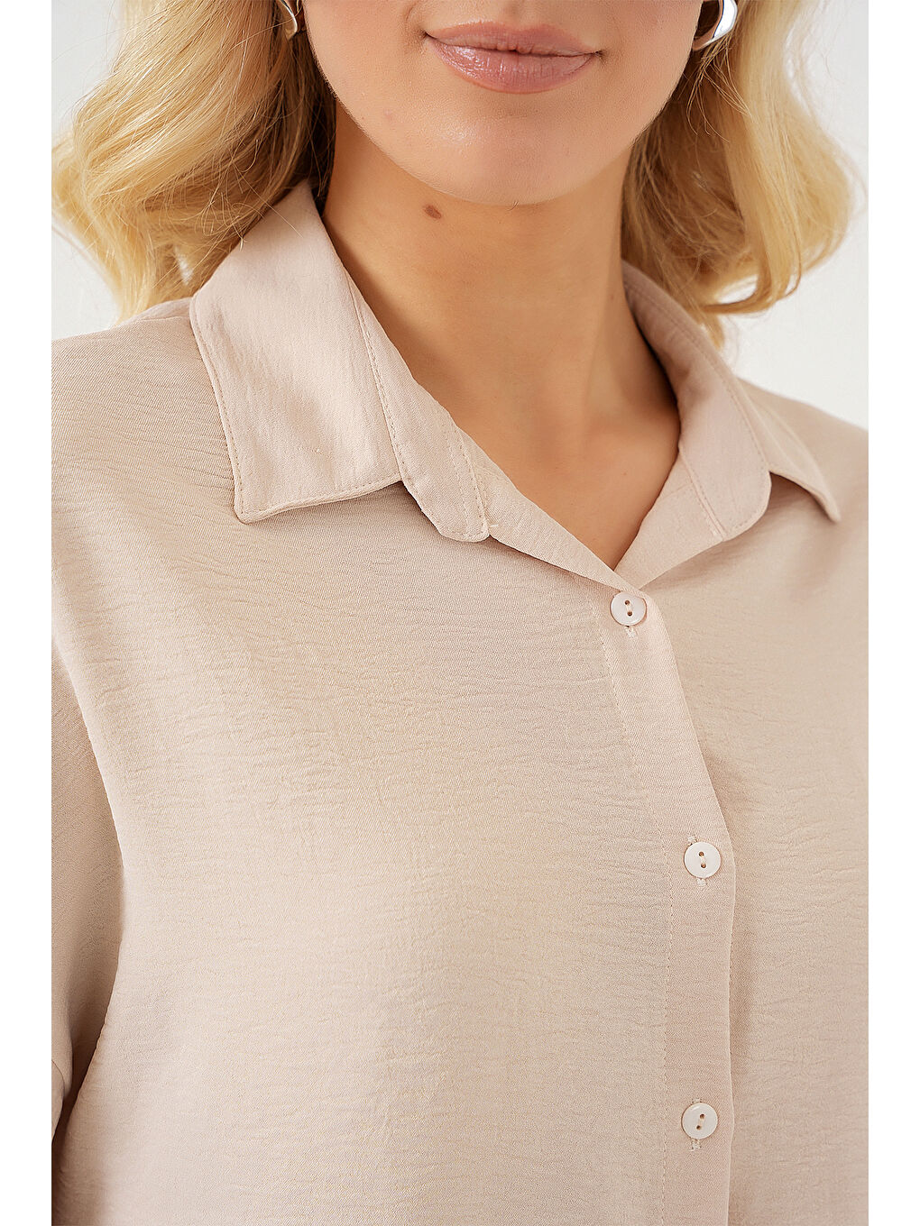 Ekru Kadın Oversize Kısa Kol Gömlek 20322 - Krem-4