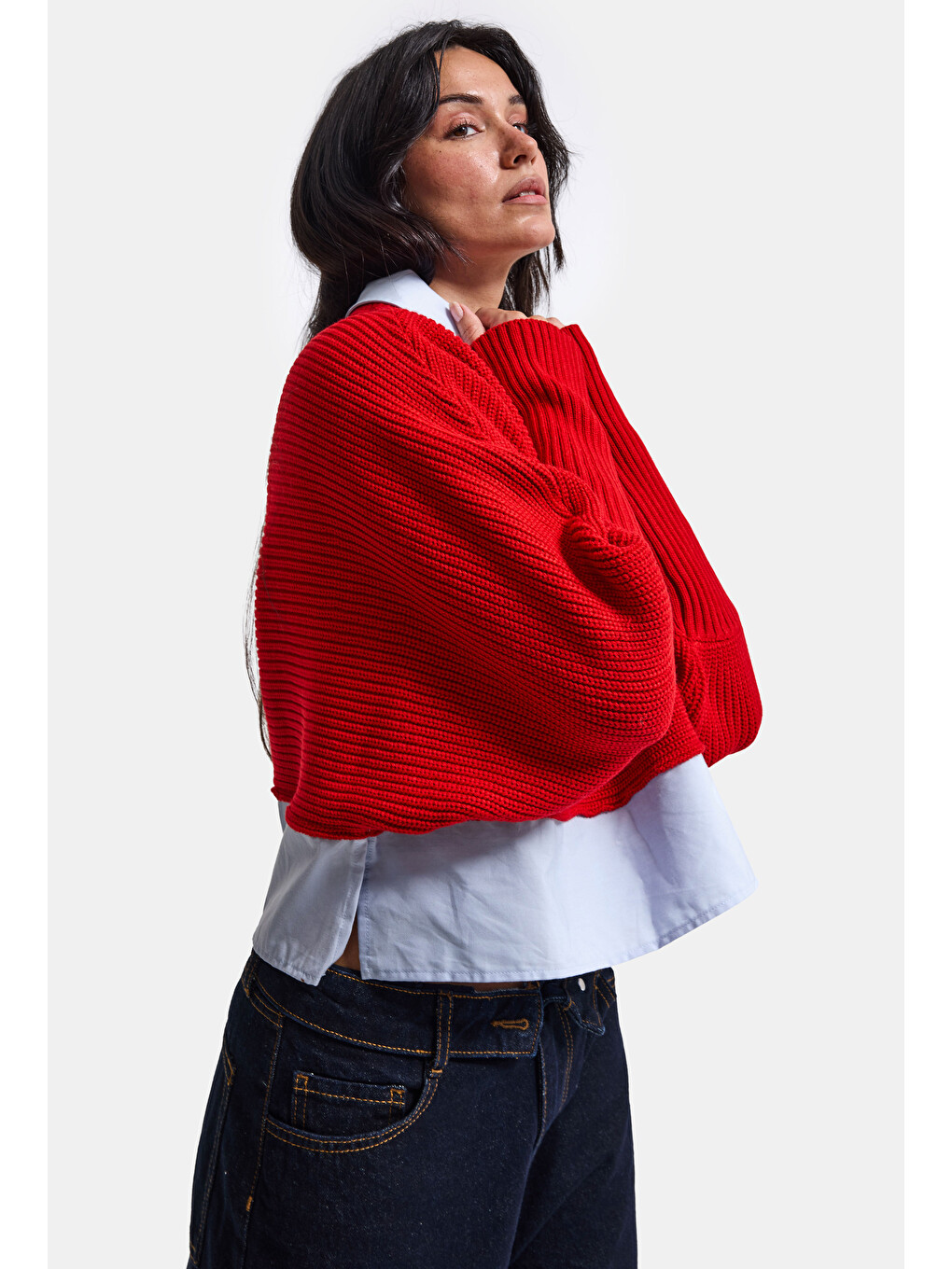 Kadın Kırmızı W6-19 Oversize Tek Parça Gömlek Yaka Detaylı Tasarım Triko Kazak-6