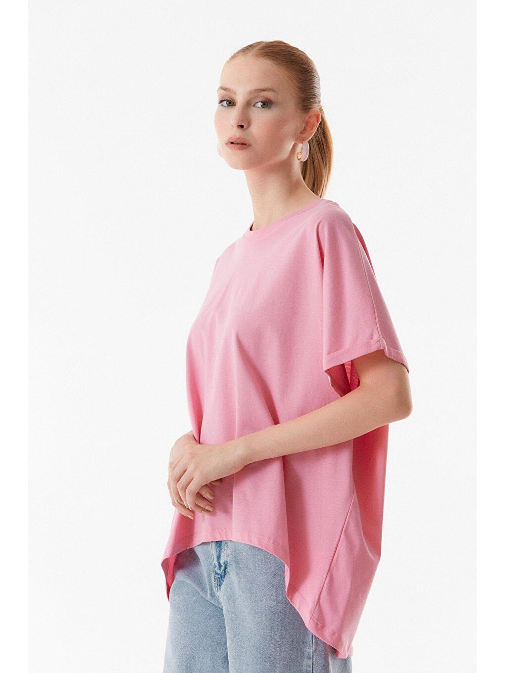 Pembe Basic Bisiklet Yaka Oversize Tişört-1
