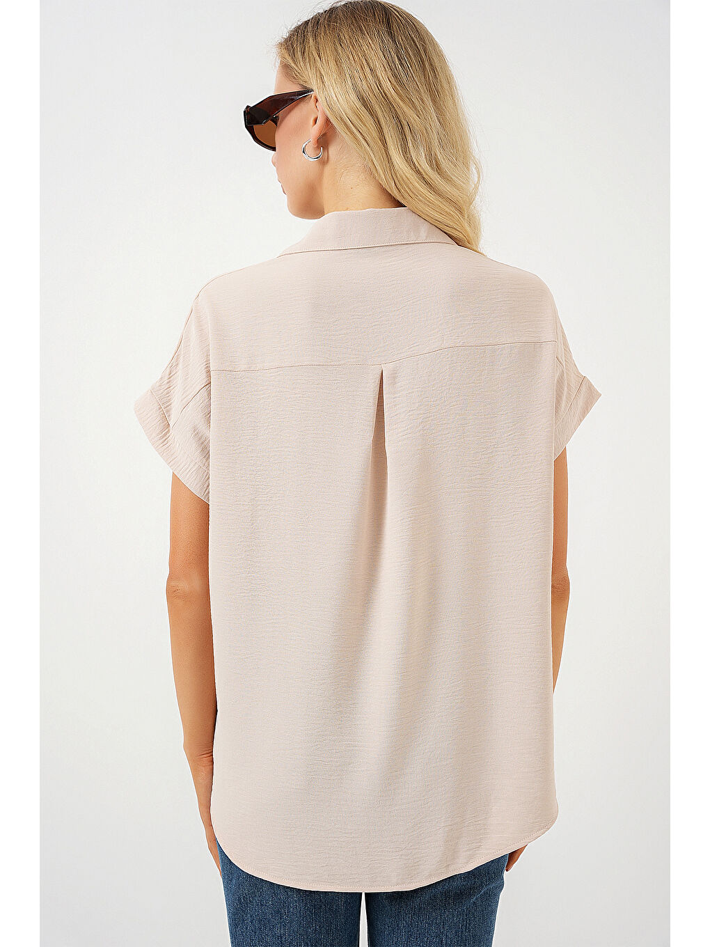 Ekru Kadın Oversize Kısa Kol Gömlek 20322 - Krem-5