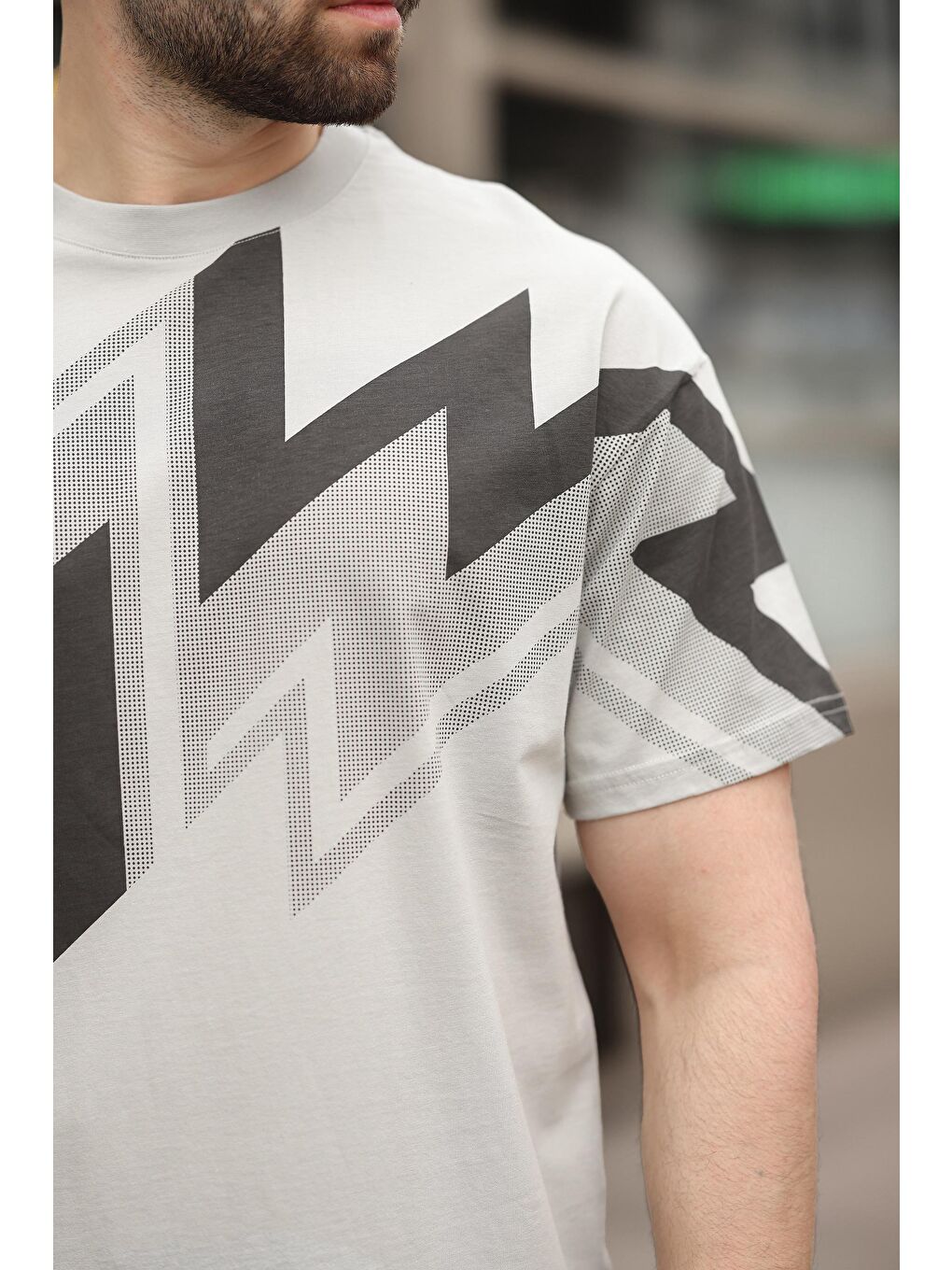 Boyalı Gri Baskılı %100 Pamuk Erkek T-Shirt-3