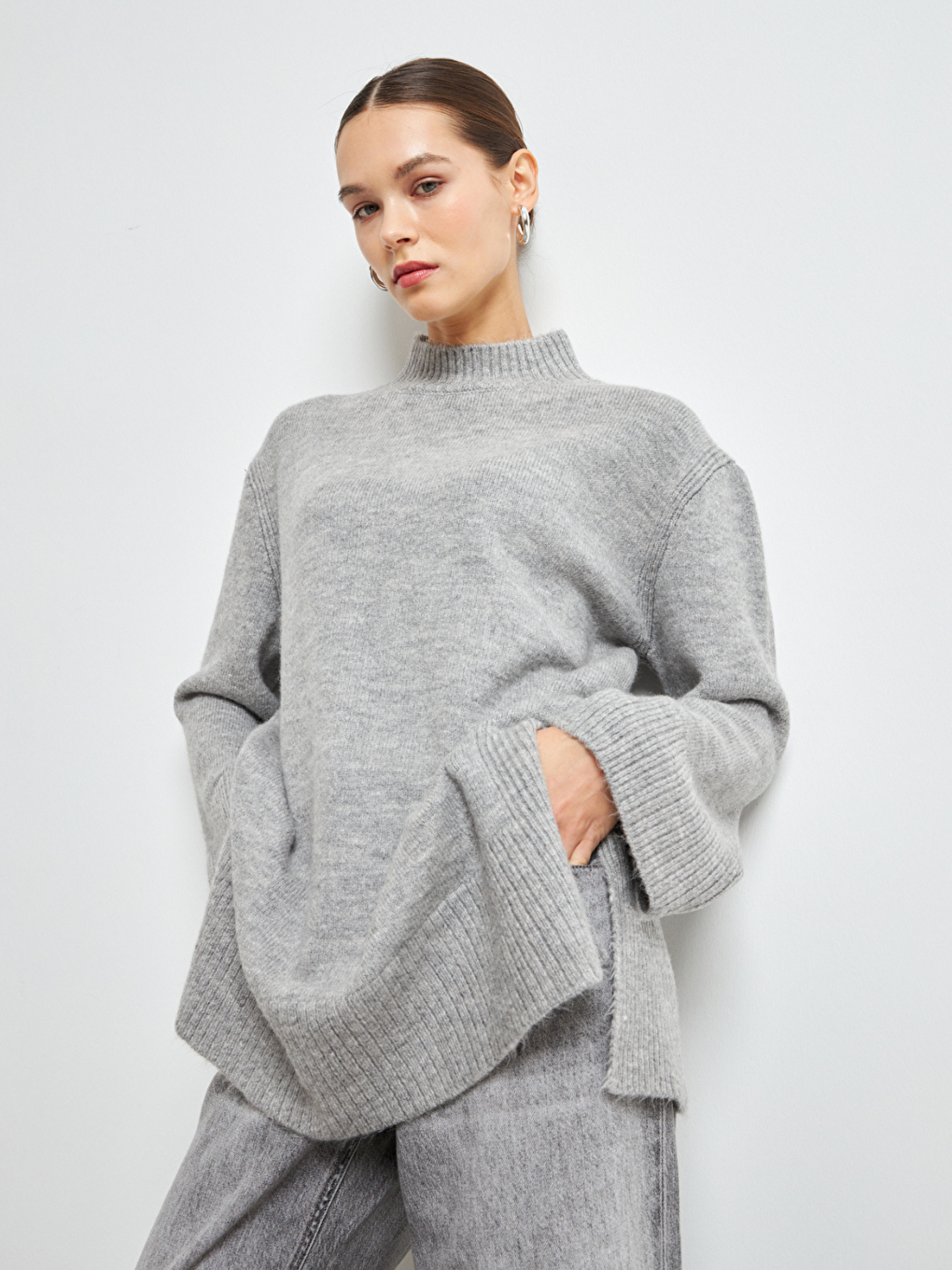 Kadın Gri Balıkçı Yaka Yumuşak Dokulu Basic Kazak-3