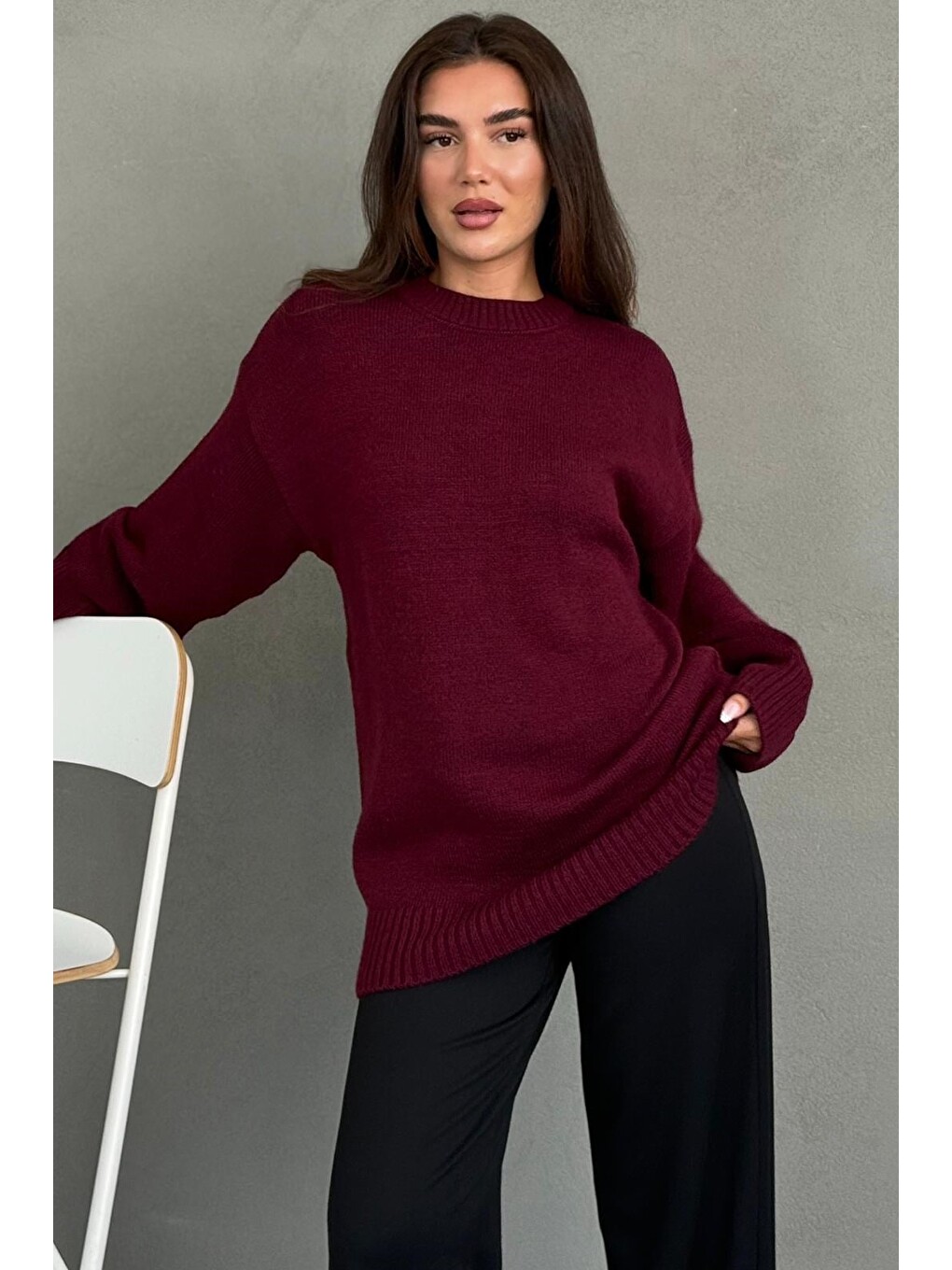 Bordo Bisiklet Yaka Oversize Uzun Kadın Triko Kazak Mg2890-1