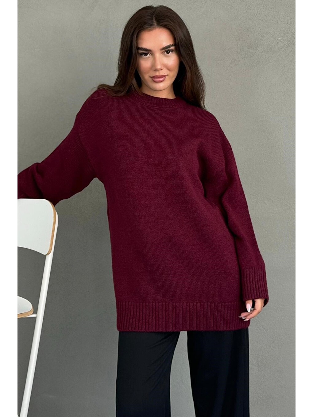 Bordo Bisiklet Yaka Oversize Uzun Kadın Triko Kazak Mg2890-3