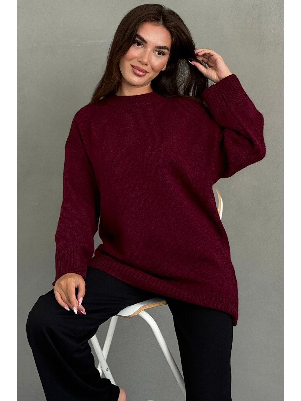 Bordo Bisiklet Yaka Oversize Uzun Kadın Triko Kazak Mg2890-4