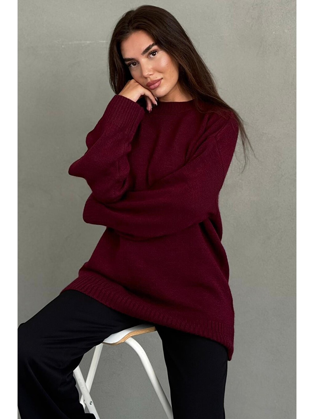 Bordo Bisiklet Yaka Oversize Uzun Kadın Triko Kazak Mg2890-5