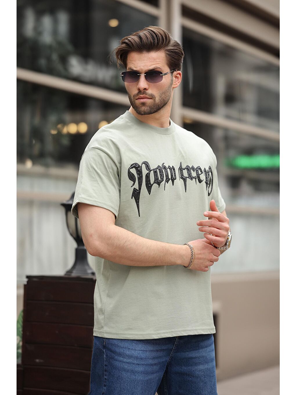 Mint Yeşili Baskılı %100 Pamuk Erkek T-Shirt E7141-1