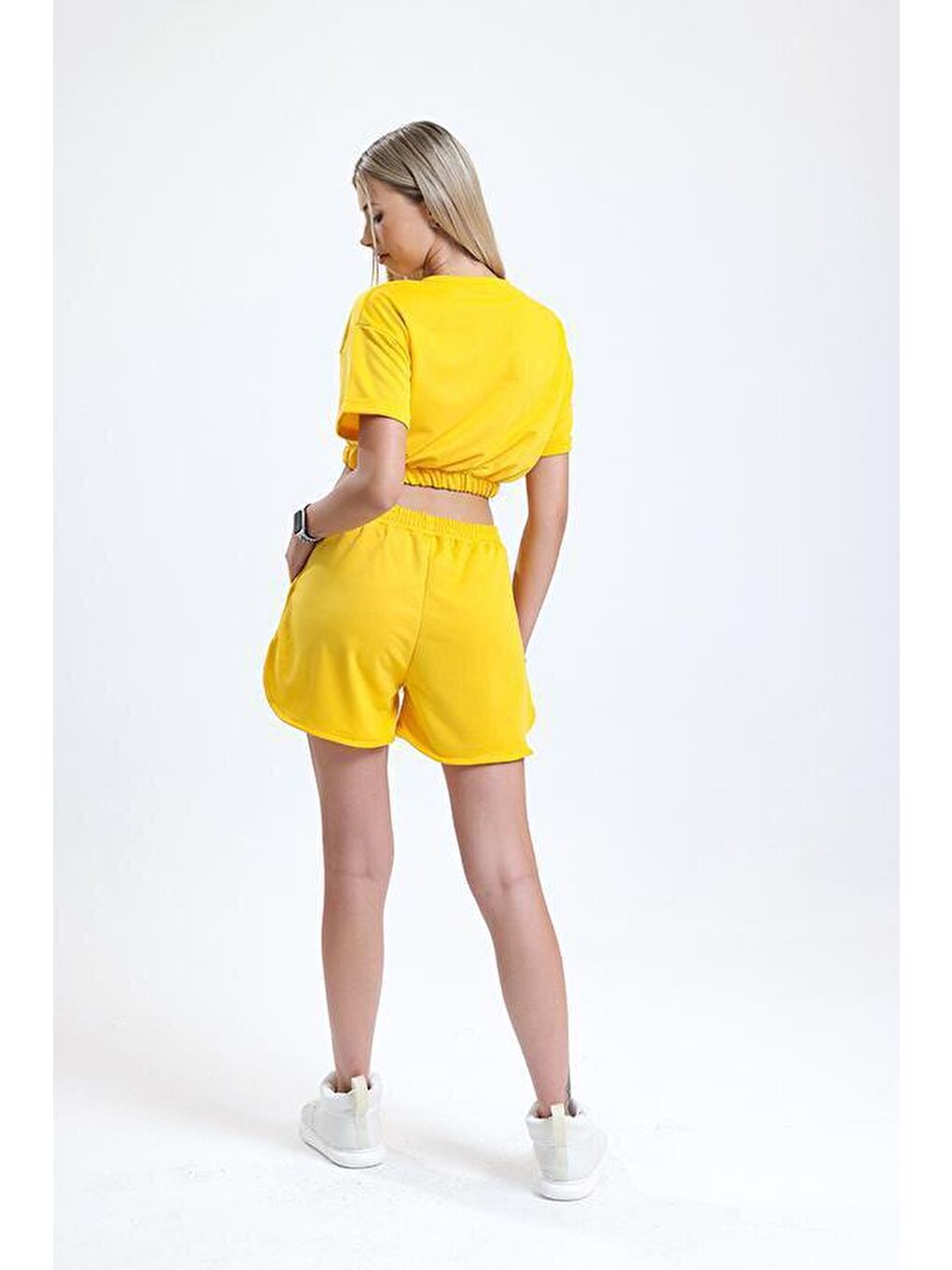 Sarı Bisiklet Yaka Kısa Kollu Crop Şortlu Kadın Pijama Takımı-5