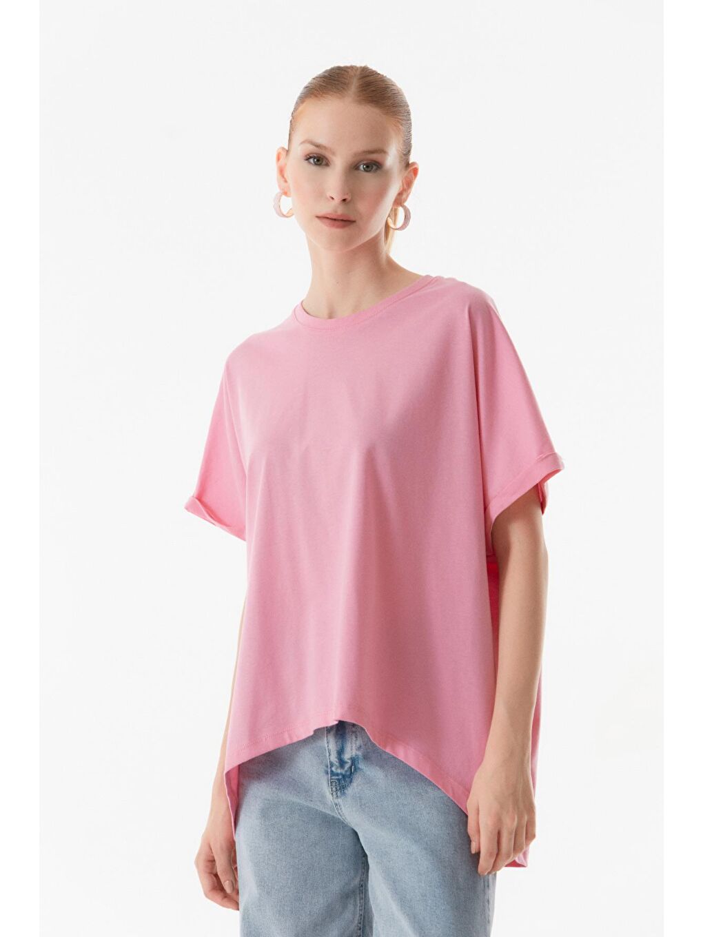 Pembe Basic Bisiklet Yaka Oversize Tişört-2