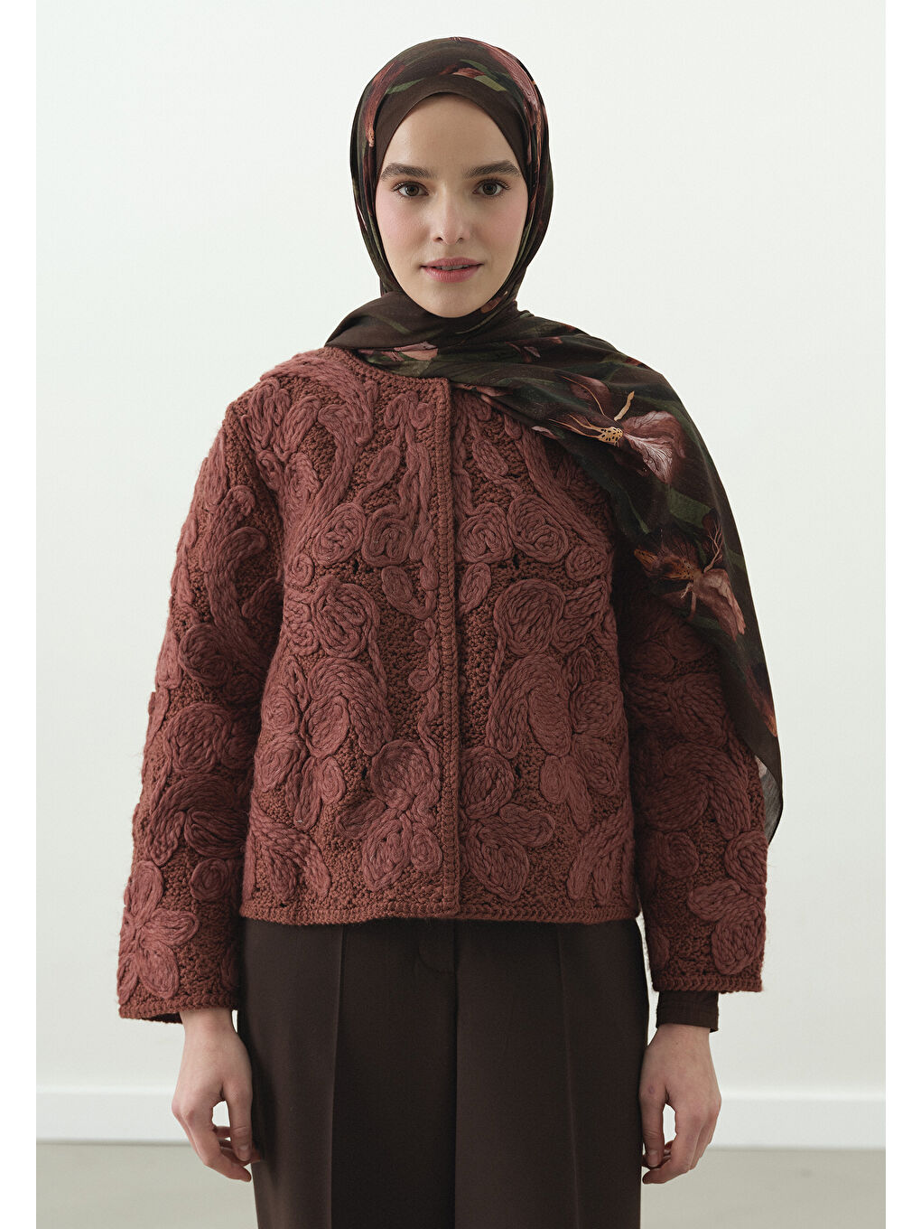 Kahverengi ZELINDA DESENLİ PAMUK VİSKON ŞAL ACI KAHVE-1