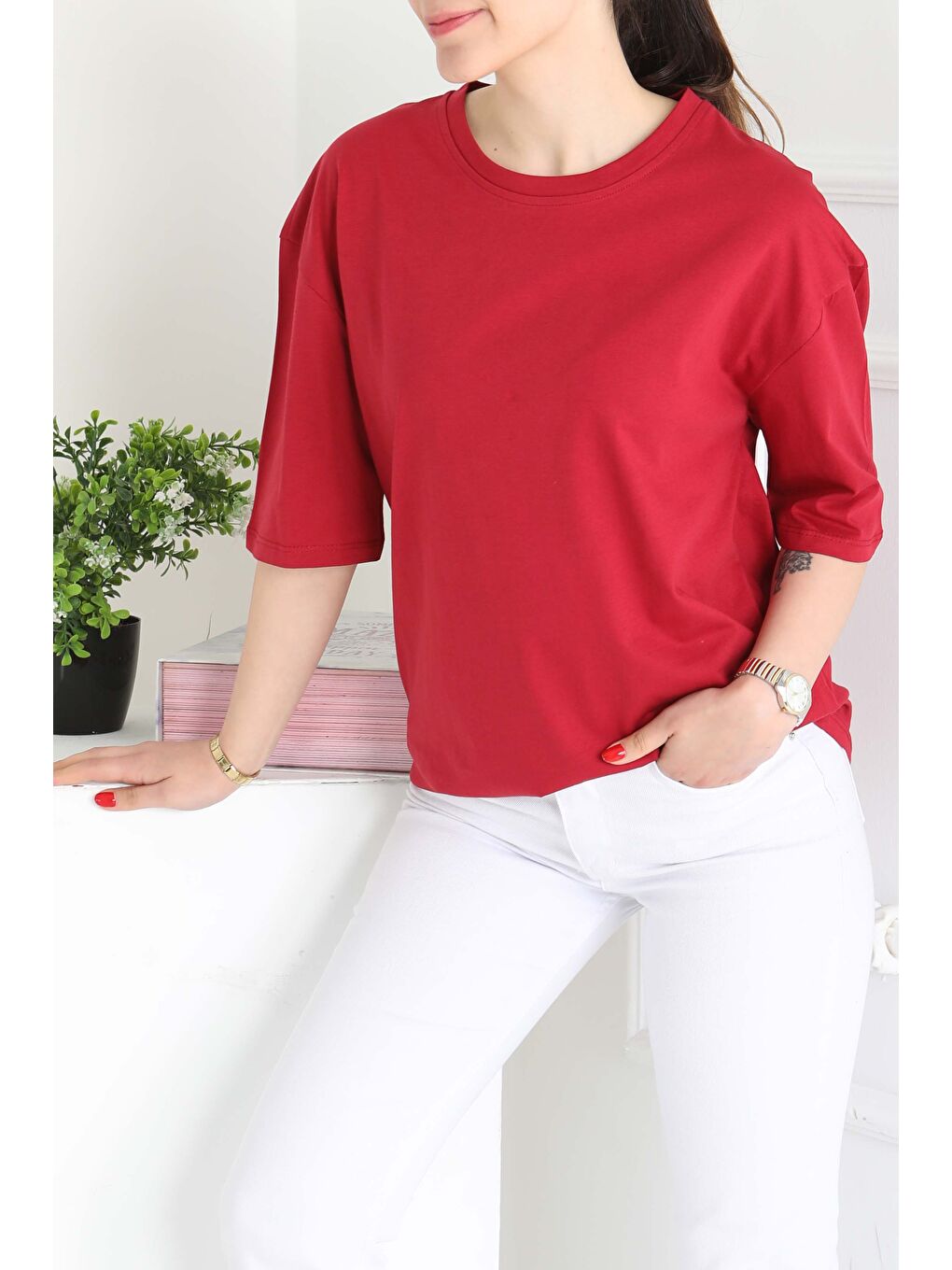 Oversize Kısa Kollu T-Şhirt Bordo - 27118
