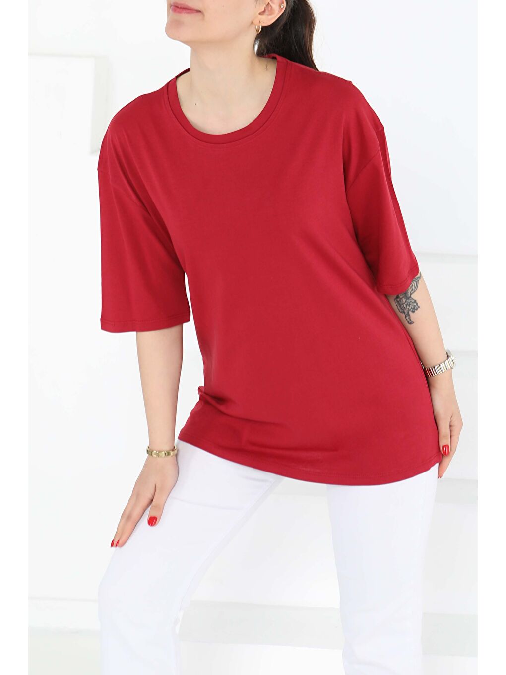 Oversize Kısa Kollu T-Şhirt Bordo - 27118-1