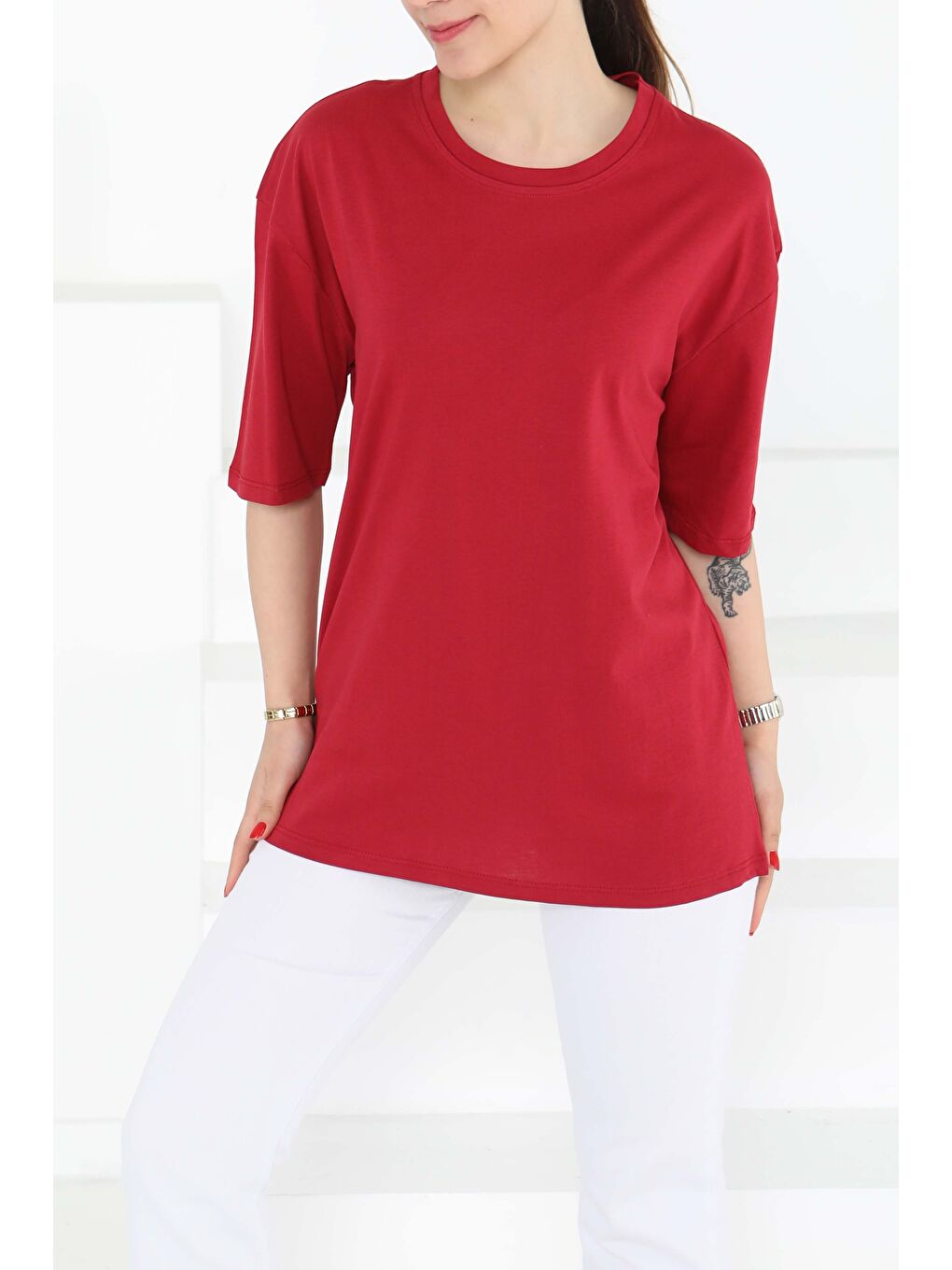 Oversize Kısa Kollu T-Şhirt Bordo - 27118-2