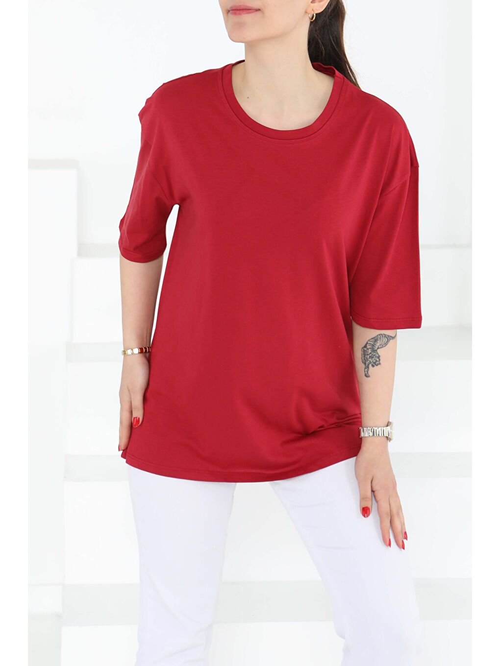 Oversize Kısa Kollu T-Şhirt Bordo - 27118-3