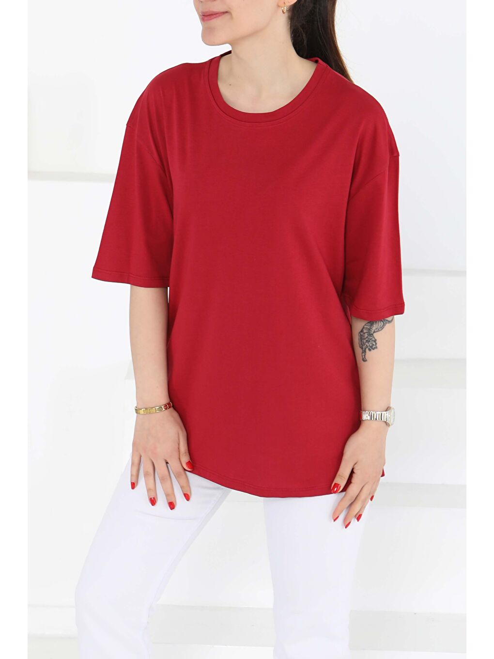 Oversize Kısa Kollu T-Şhirt Bordo - 27118-4