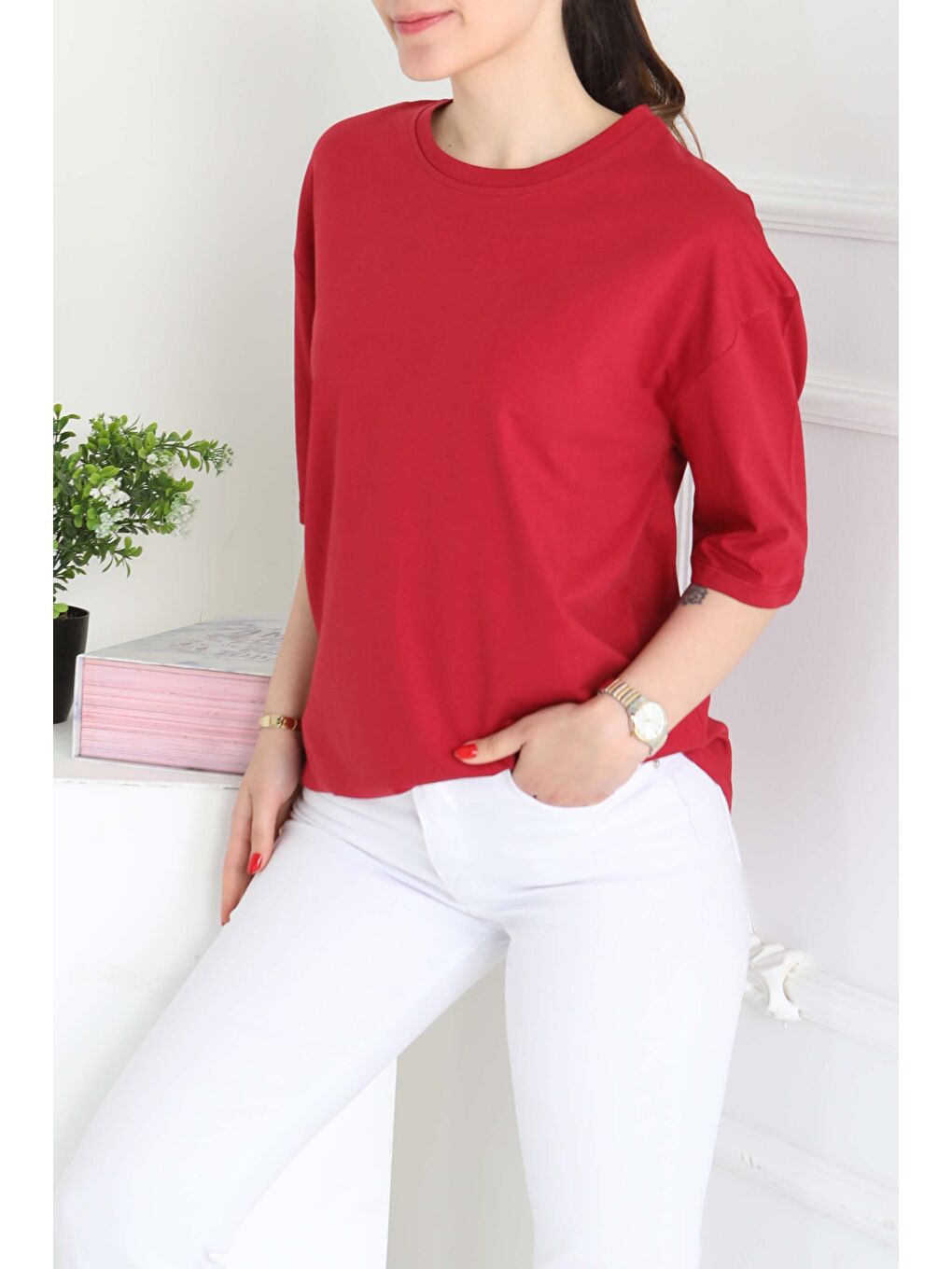 Oversize Kısa Kollu T-Şhirt Bordo - 27118-5