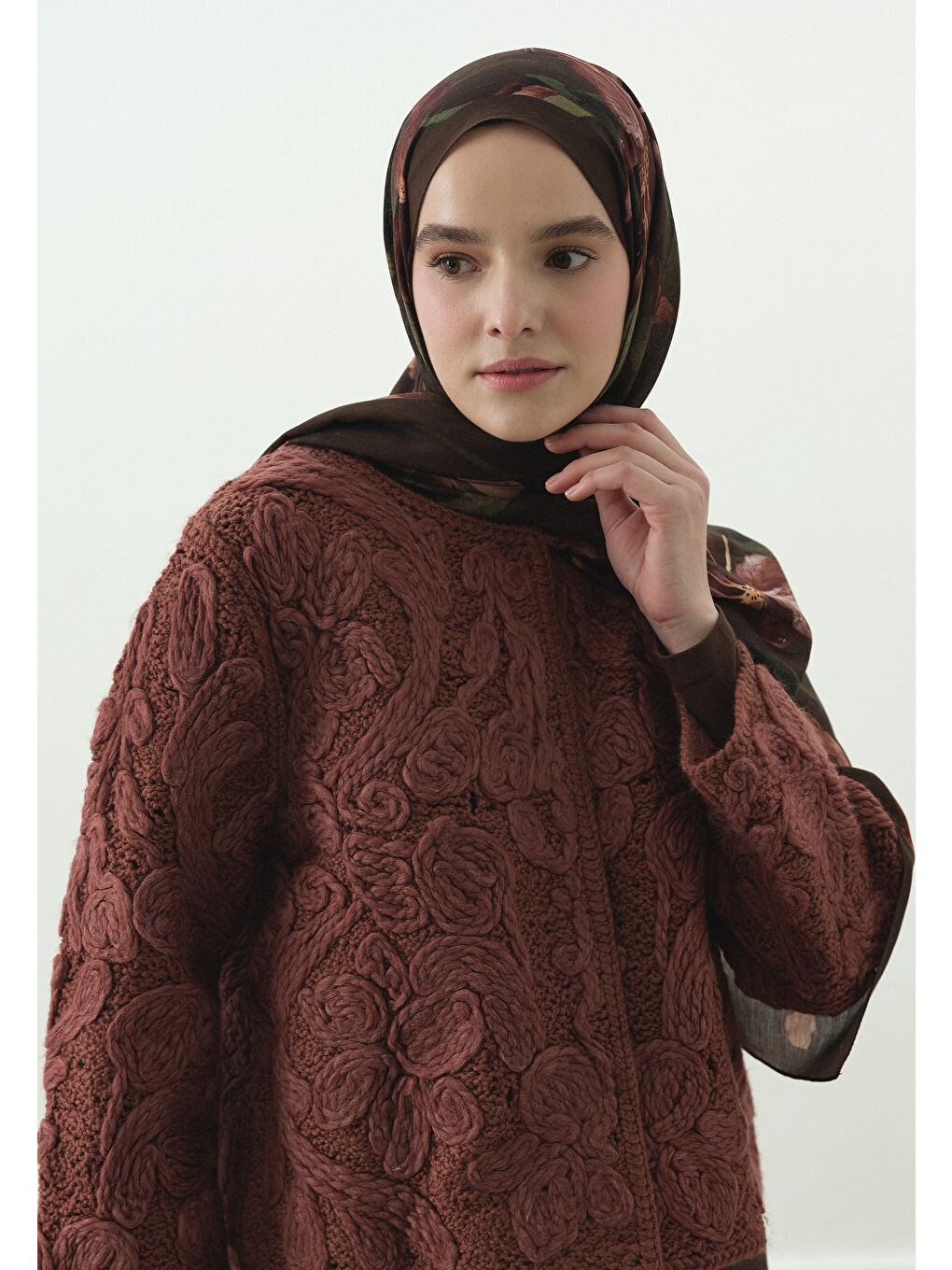 Kahverengi ZELINDA DESENLİ PAMUK VİSKON ŞAL ACI KAHVE-2