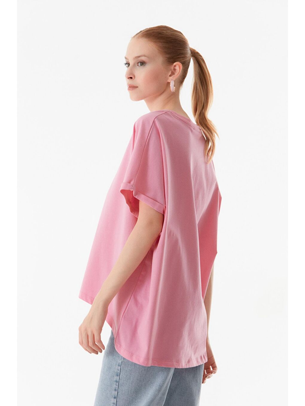 Pembe Basic Bisiklet Yaka Oversize Tişört-3