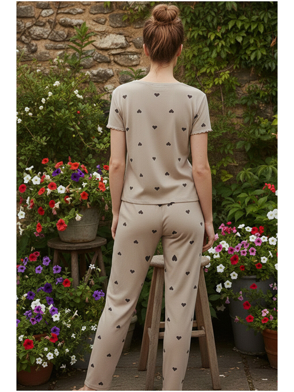 Yeşil Kalp Desenli Lastikli Fitilli Kaşkorse Örme Pijama Takım26120601-2