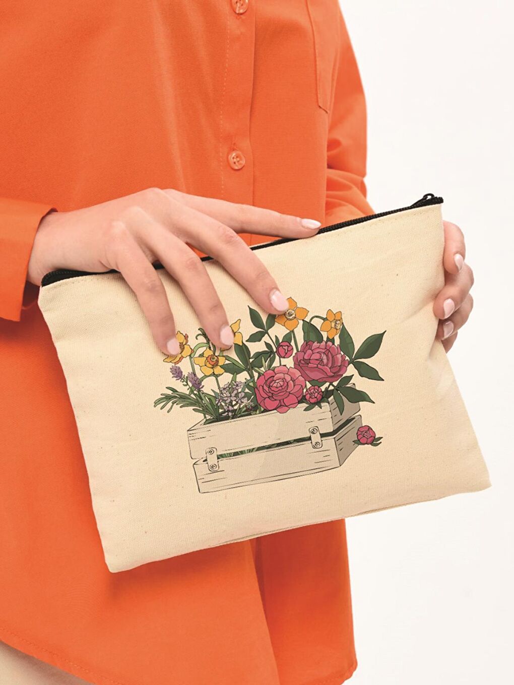 Bagg Krem Clutch Kasada Çiçek Kanvas Makyaj Çantası - 1