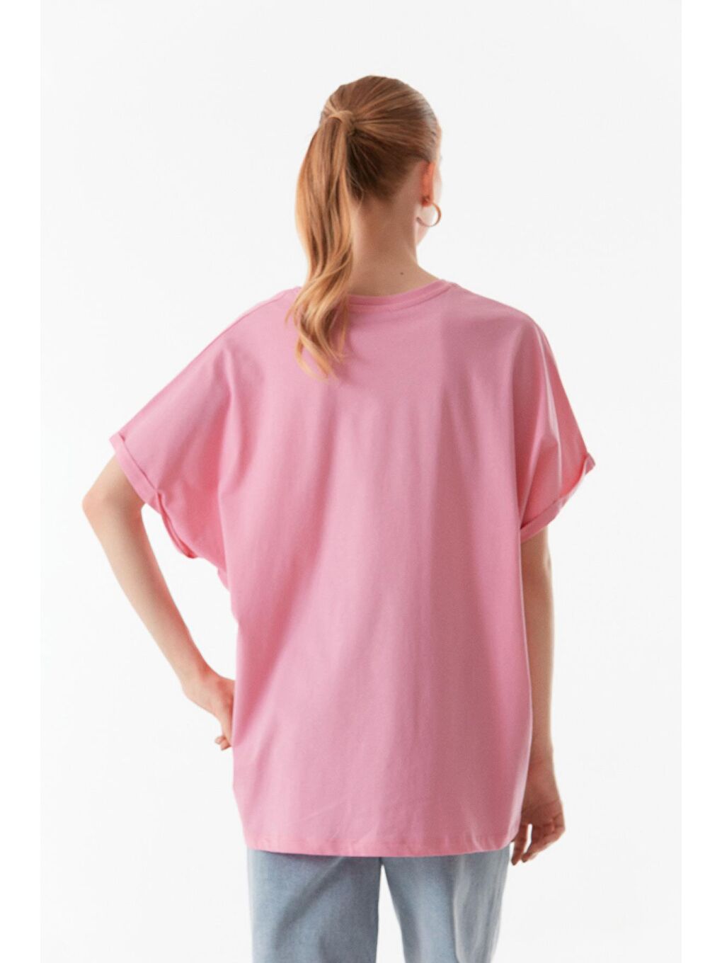 Pembe Basic Bisiklet Yaka Oversize Tişört-4