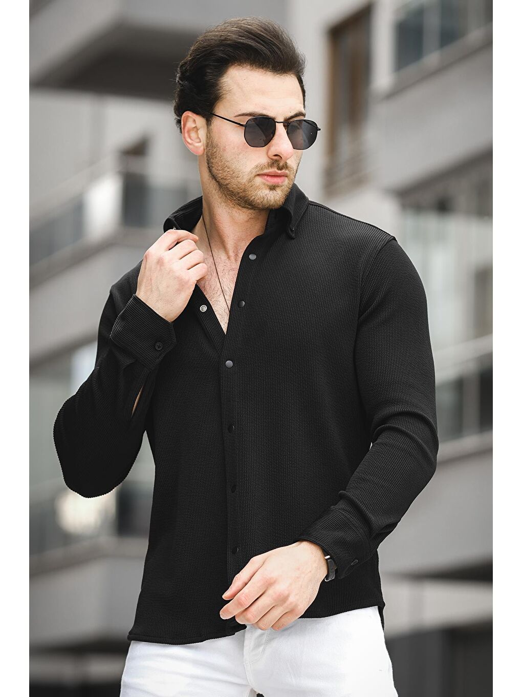 Siyah Yx 16788 Çıt Çıtlı Likralı Slim Fit Örme Erkek Gömlek