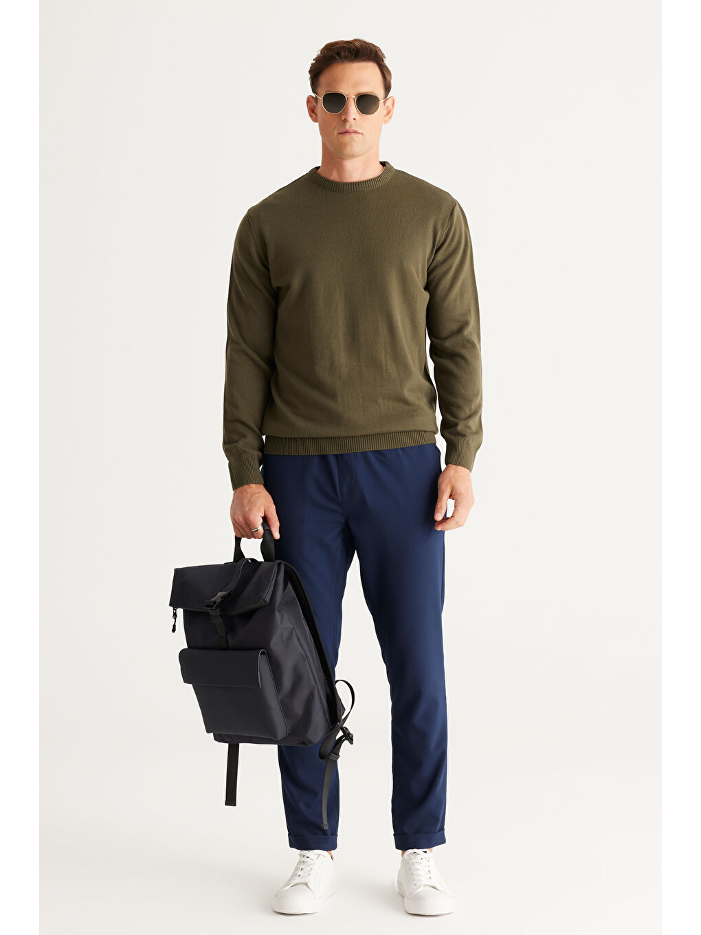 Erkek Haki Anti-Pilling Tüylenme Yapmayan Standart Fit Normal Kesim Bisiklet Yaka Triko Kazak-1