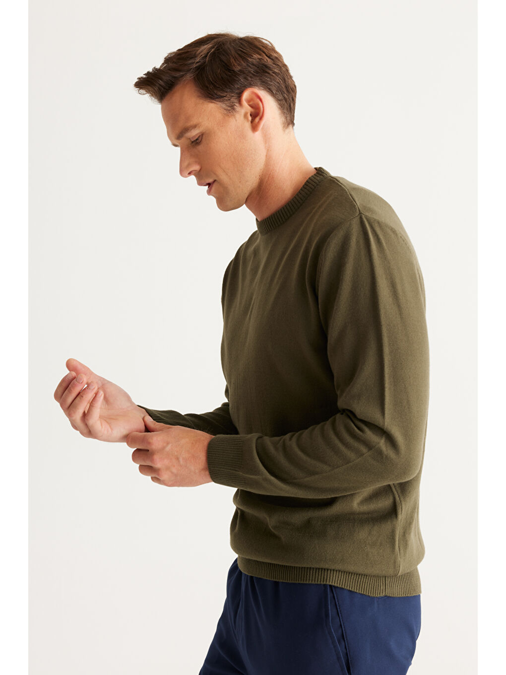 Erkek Haki Anti-Pilling Tüylenme Yapmayan Standart Fit Normal Kesim Bisiklet Yaka Triko Kazak-2