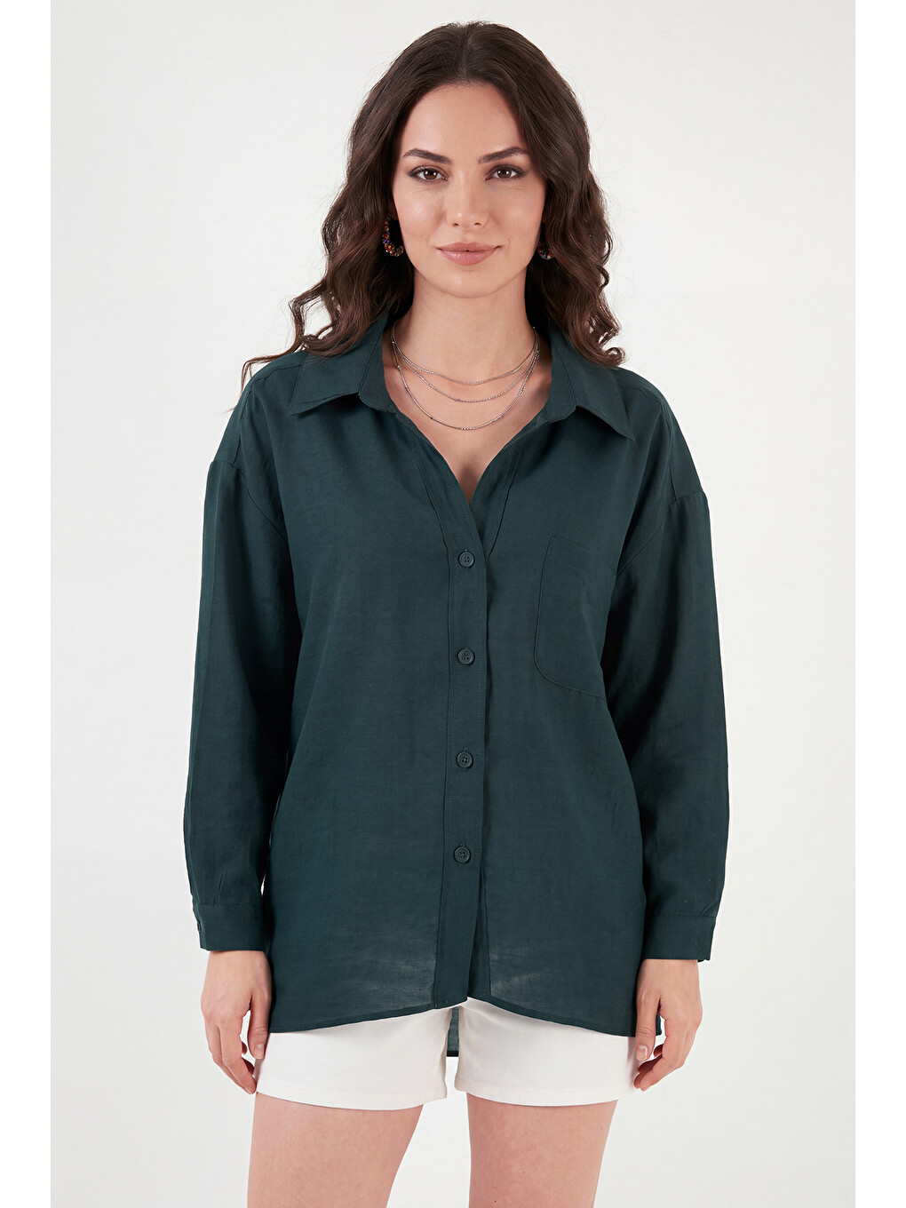 Yeşil Modal Oversize Fit Uzun Kollu Kadın Gömlek 6834612-4