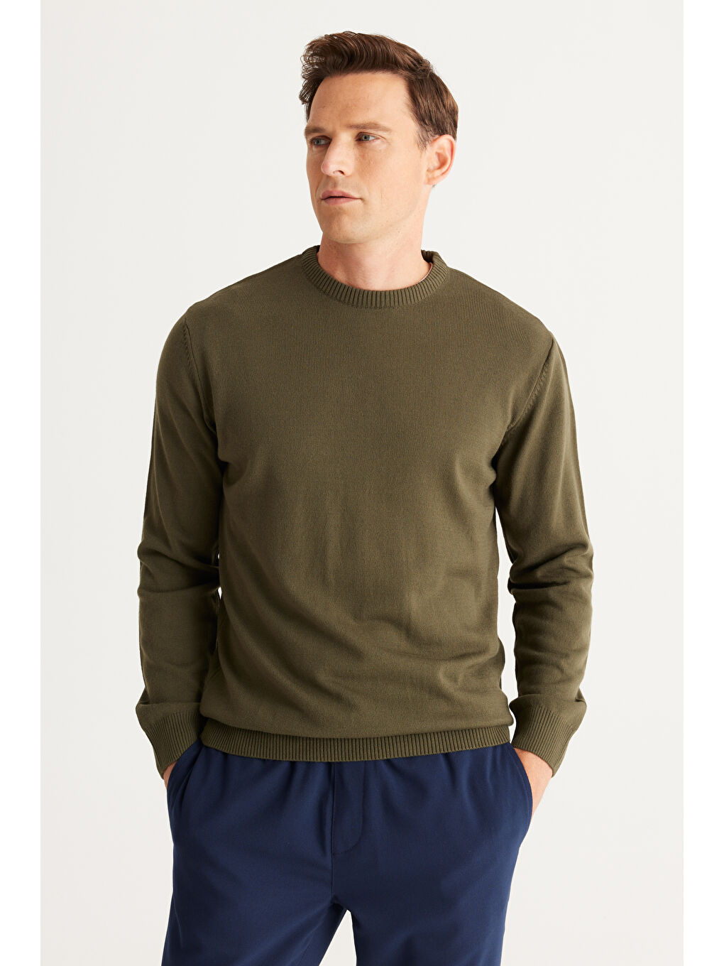 Erkek Haki Anti-Pilling Tüylenme Yapmayan Standart Fit Normal Kesim Bisiklet Yaka Triko Kazak-5